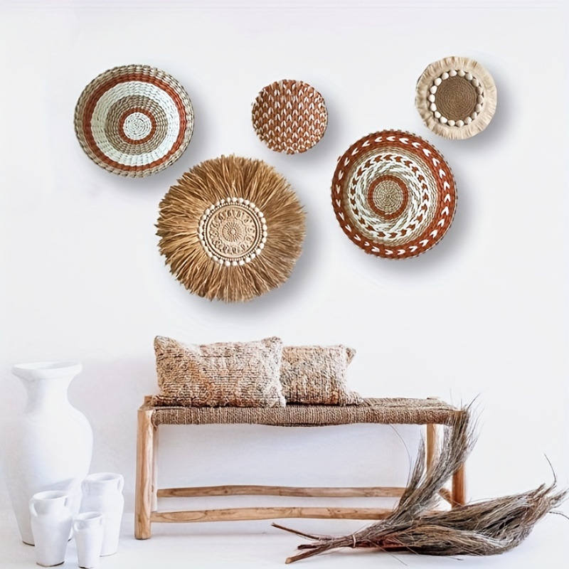  Juego de 6 cestas redondas hechas a mano de mimbre tejidas para  pared, decoración de pared bohemia, ideal para sala de estar o dormitorio :  Hogar y Cocina
