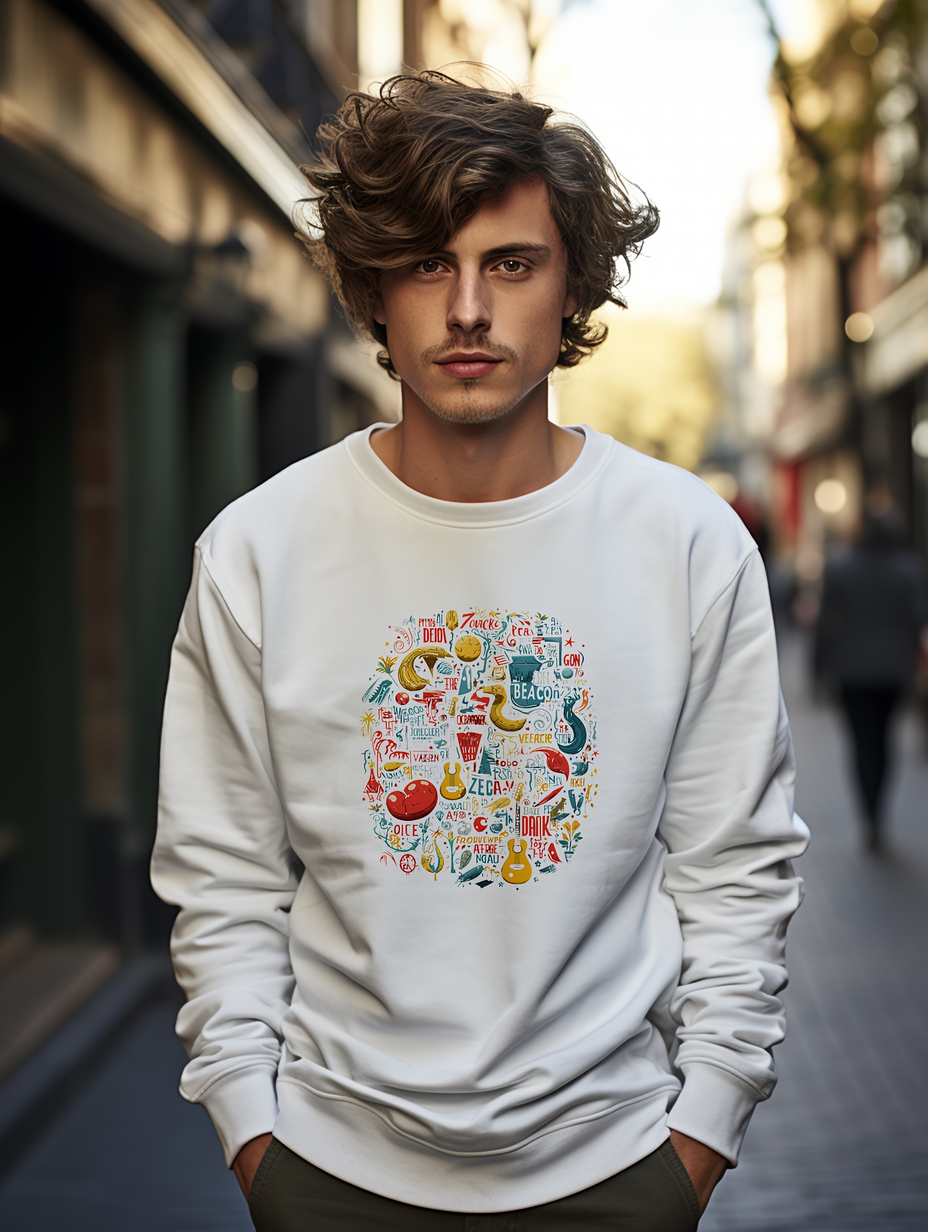 Fashionable Men's Casual Guitar Print,long Sleeve Round Neck