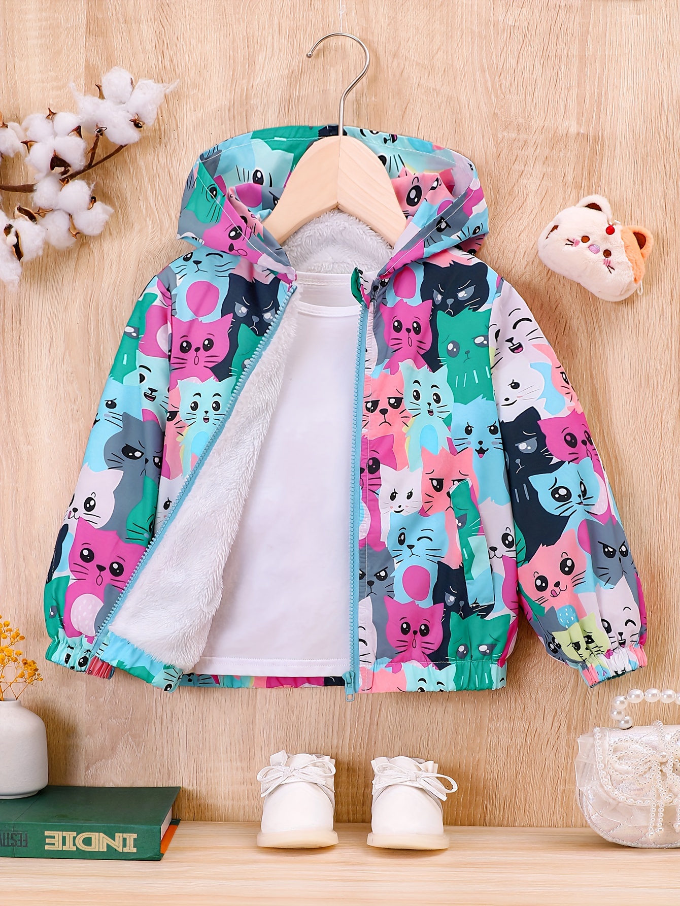 Girls Kitty Print Plush Fleece Liner Winter Warm Hooded - Temu