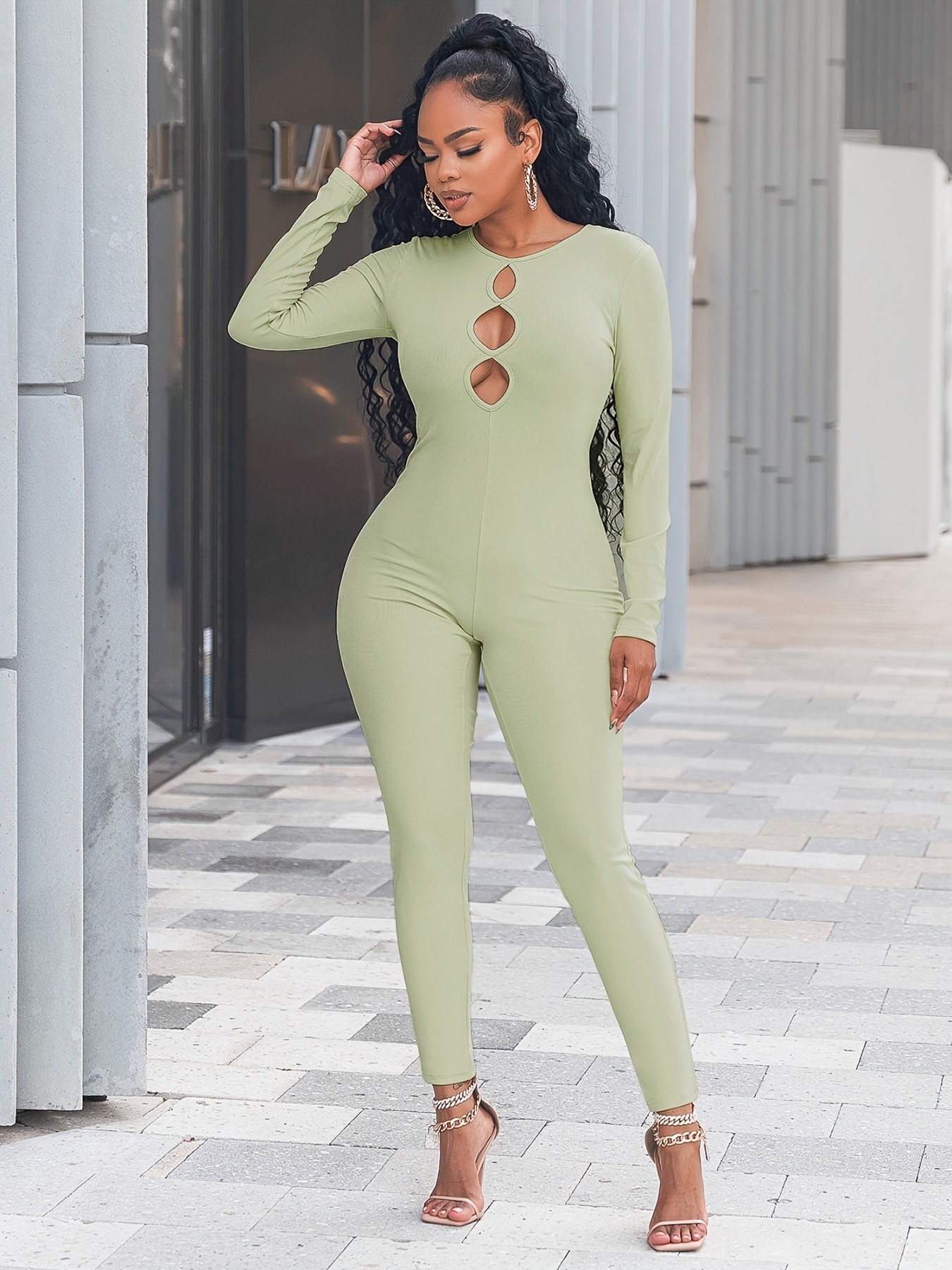 Women's Sexy Bodycon Zip Jumpsuit Solid Long Sleeve Stretchy - Temu Malaysia