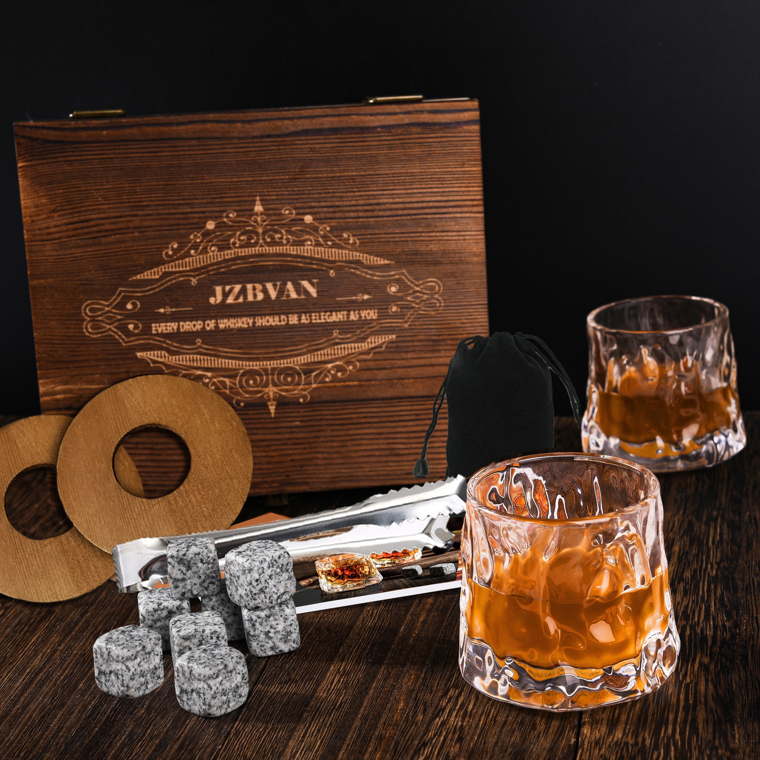 Whiskey Glass Gift Set for Men, Father's Day Gift, 10oz Old Fashioned Bourbon  Glasses+Stainless Steel Bullet Stones 