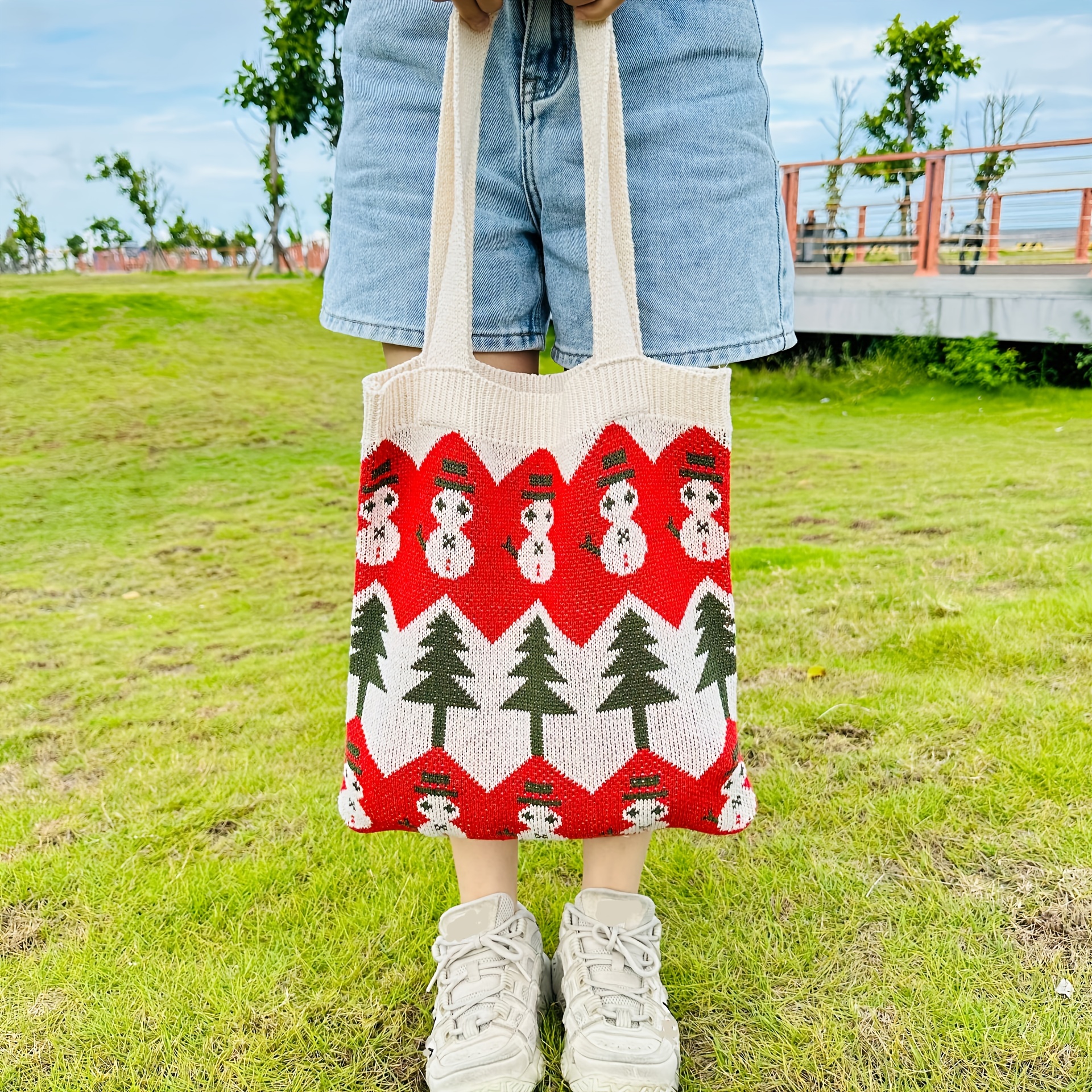 Christmas Pattern Knitted Tote Bag Cute Snowman Shoulder Bag - Temu