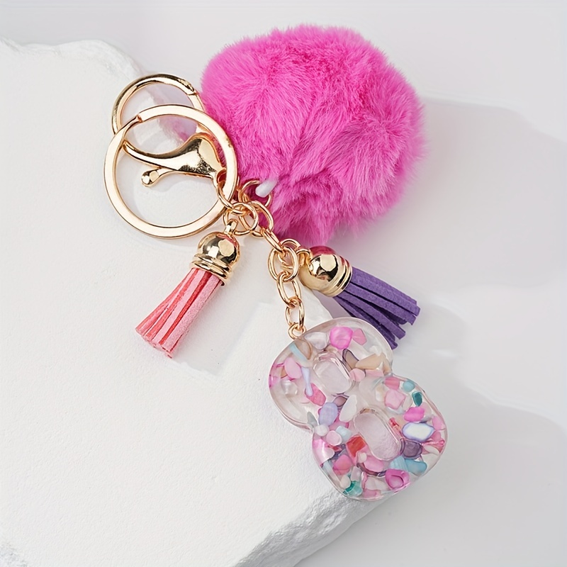 Alphabet Initial Letter Pom Pom Keychain Cute Plush Key Chain Ring Purse  Bag Backpack Charm Earbud Case Cover Accessories Women Girls Gift