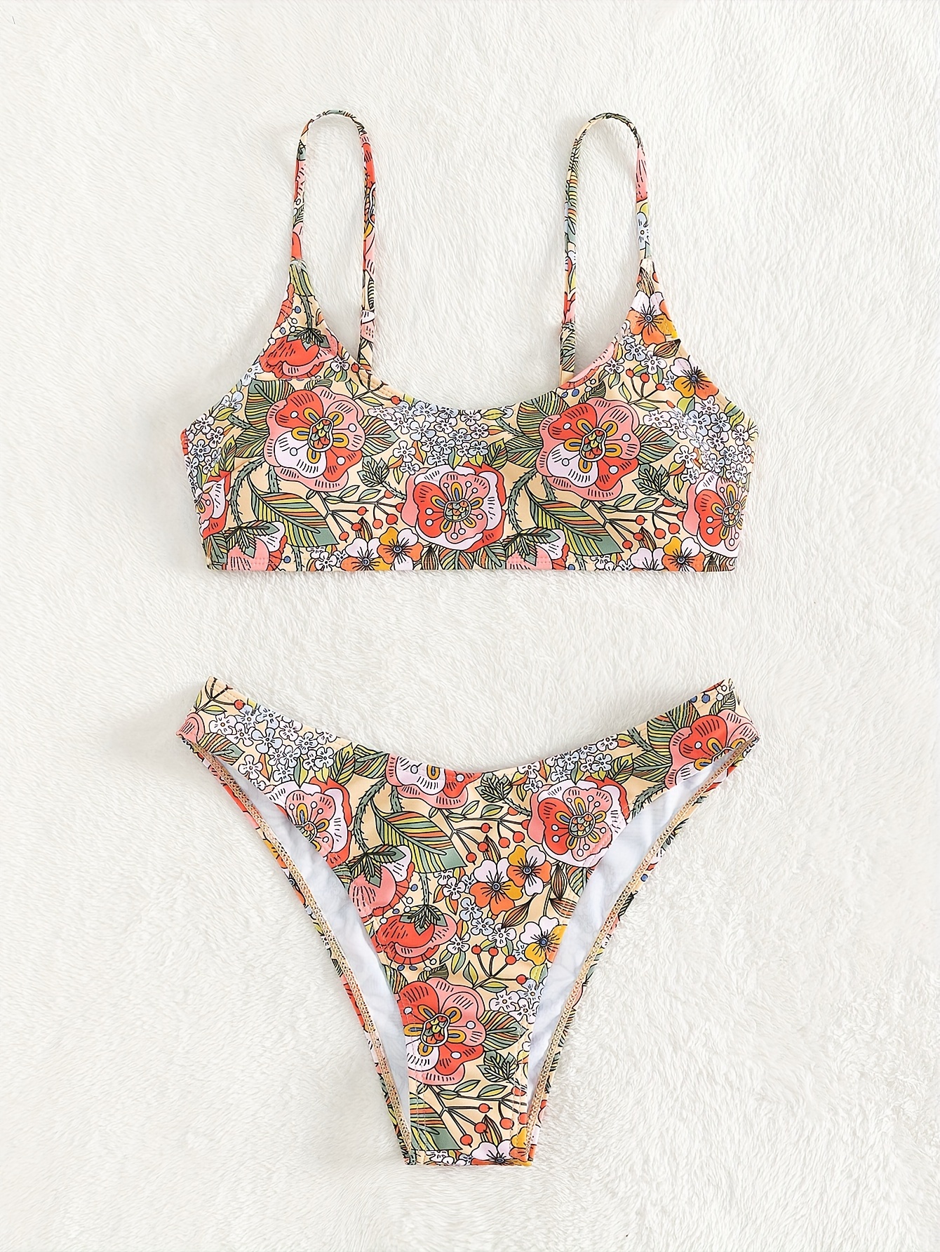 Floral Print Scoop Neck Spaghetti Strap Bikini Stretchy Low - Temu