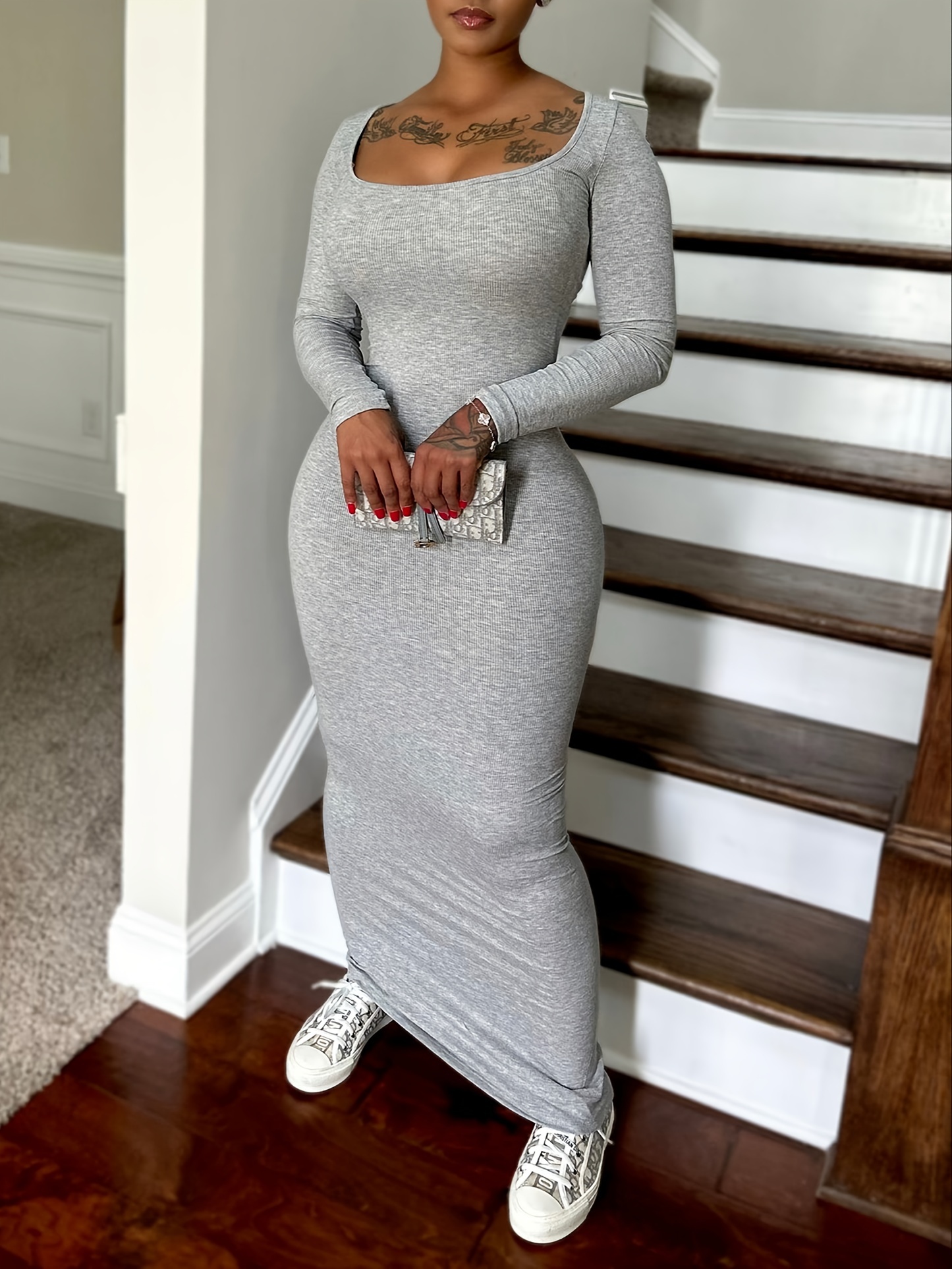 Squared Neck Bodycon Maxi Dress Sexy Long Sleeve Solid Dress - Temu