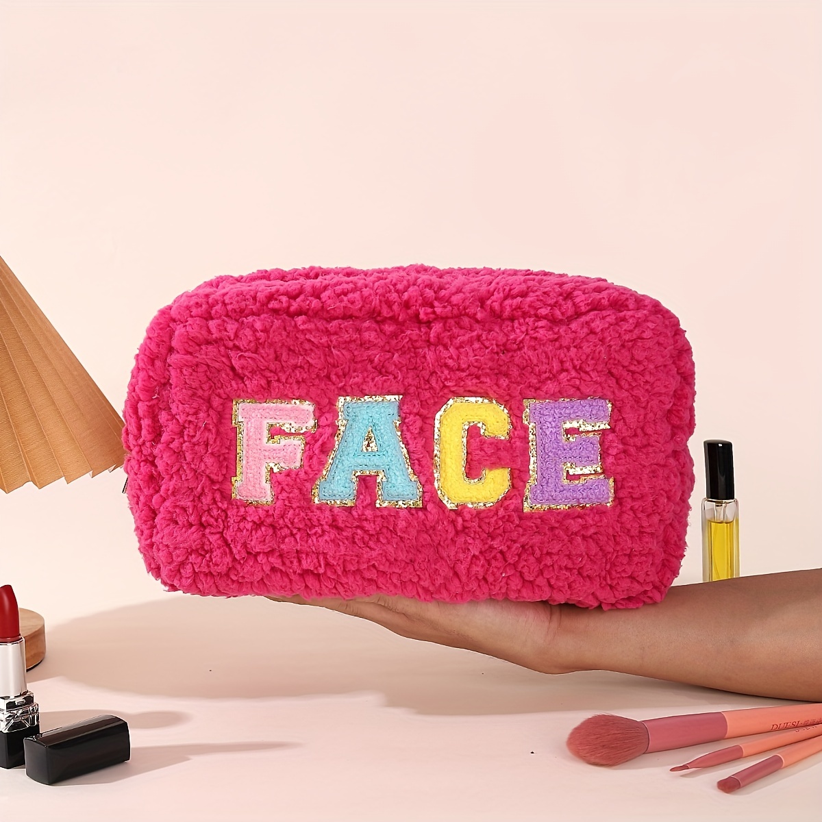 Preppy Fluffy Cosmetic Storage Pouch Chenille Letter Makeup