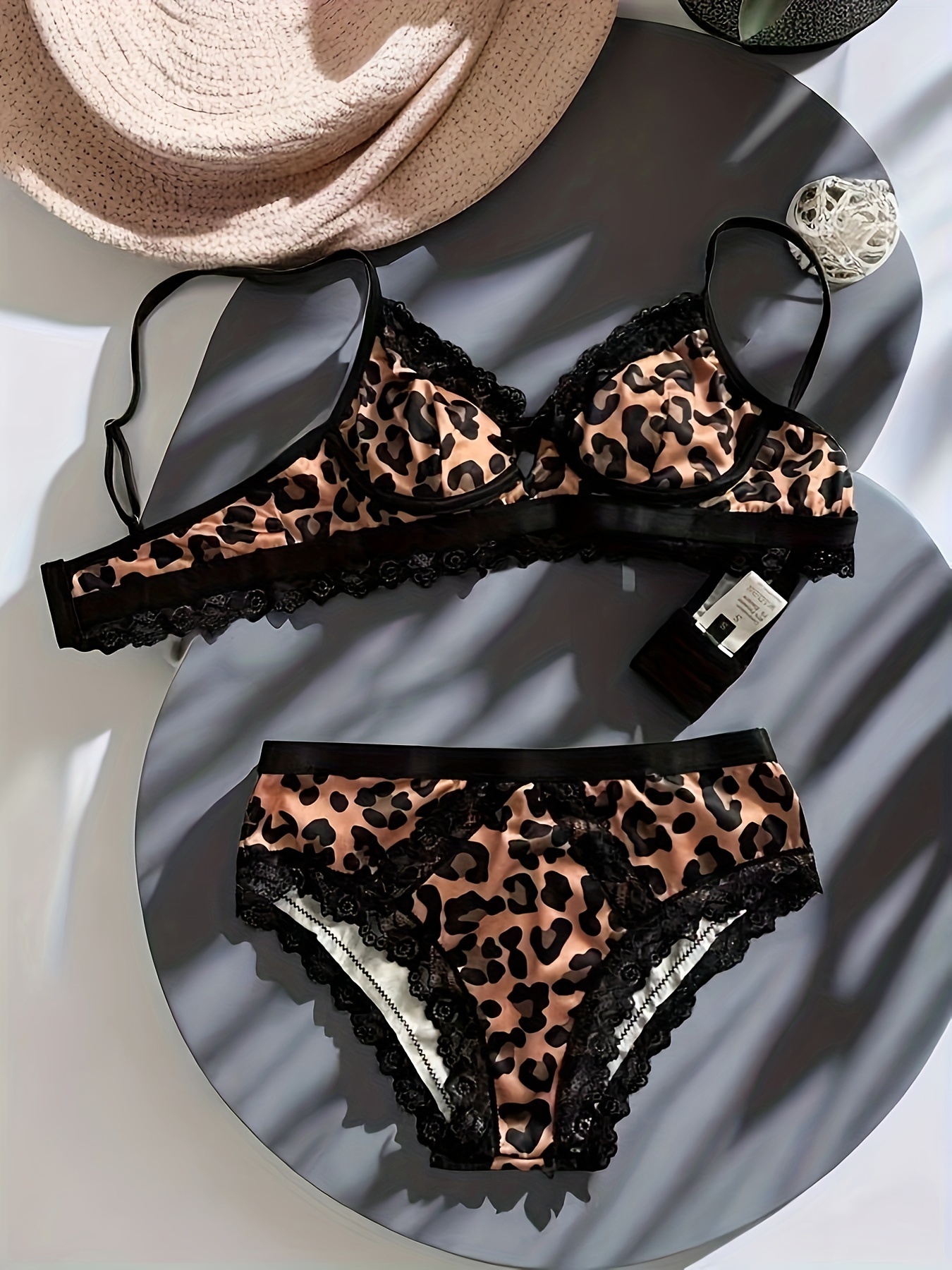 Leopard Print Bra Panties Bow Decor Push Bra Lace Trim - Temu