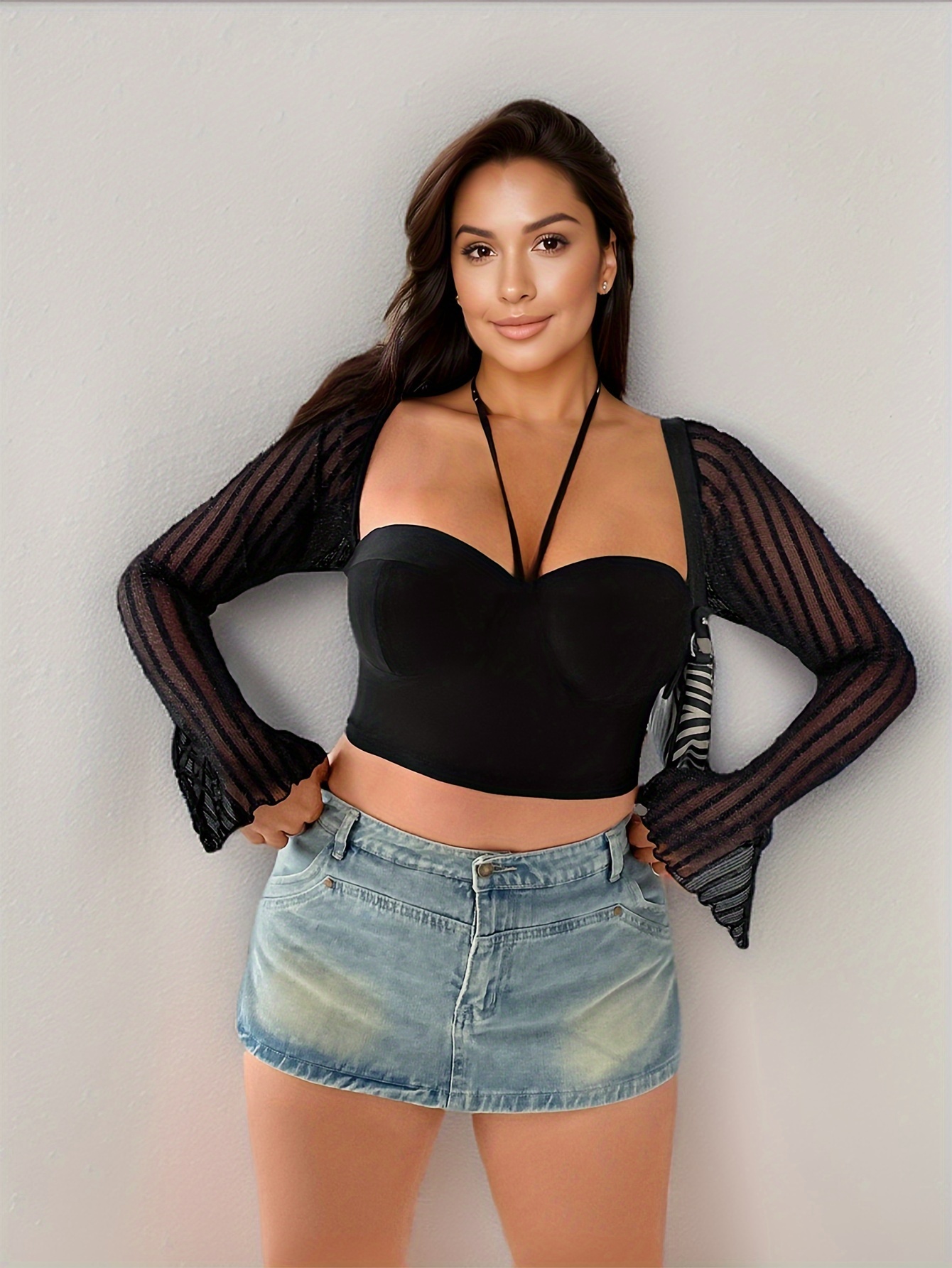 Plus Size Tops Women's Sheer Mesh Lace Long Sleeve V Neck Wrap Top Sexy  Casual Dressy Pleated Flowy Swing Blouses