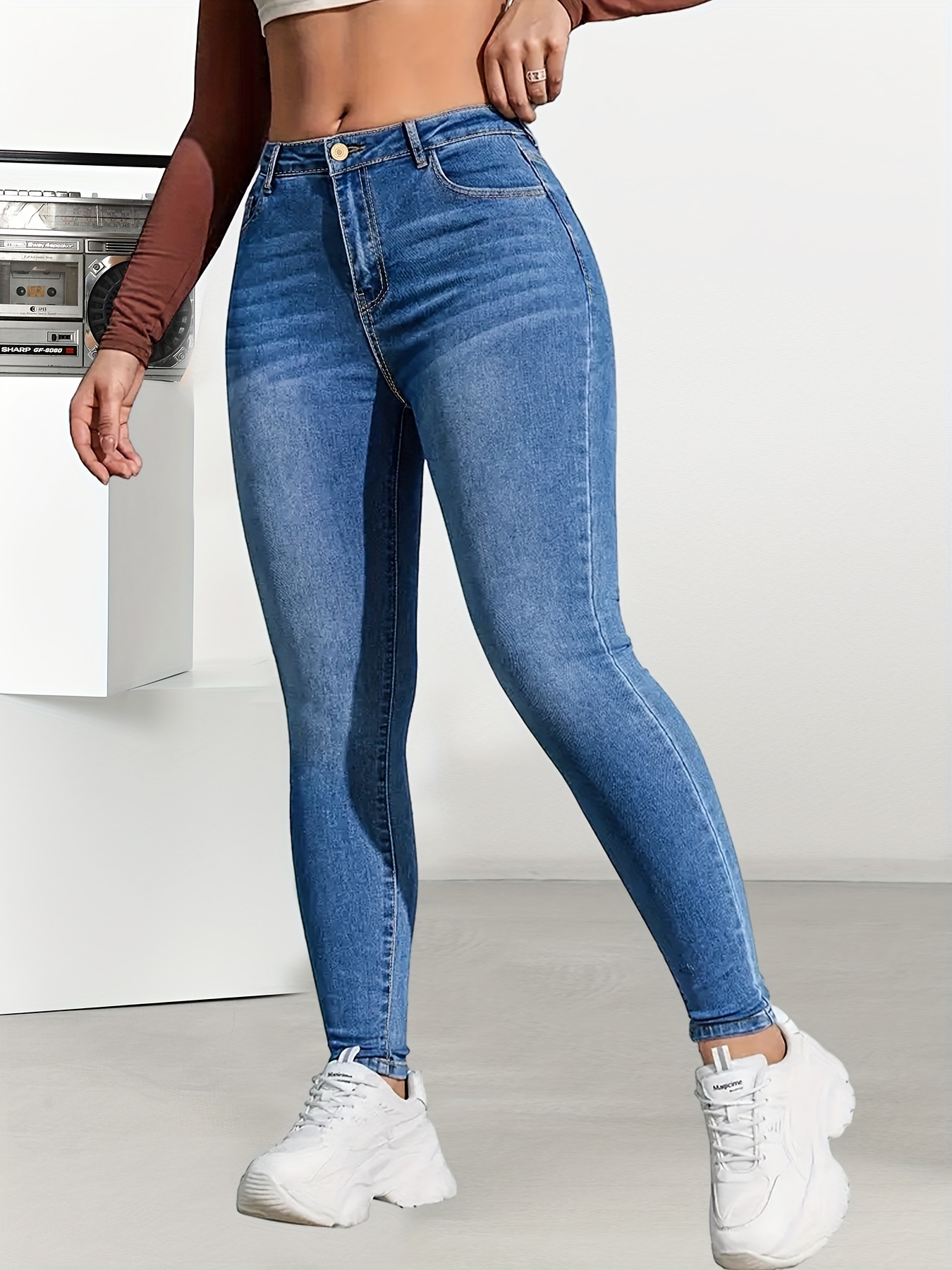 Dark Blue Versatile Skinny Jeans, Slim Fit High Stretch Slant Pockets Tight  Jeans, Women's Denim Jeans & Clothing