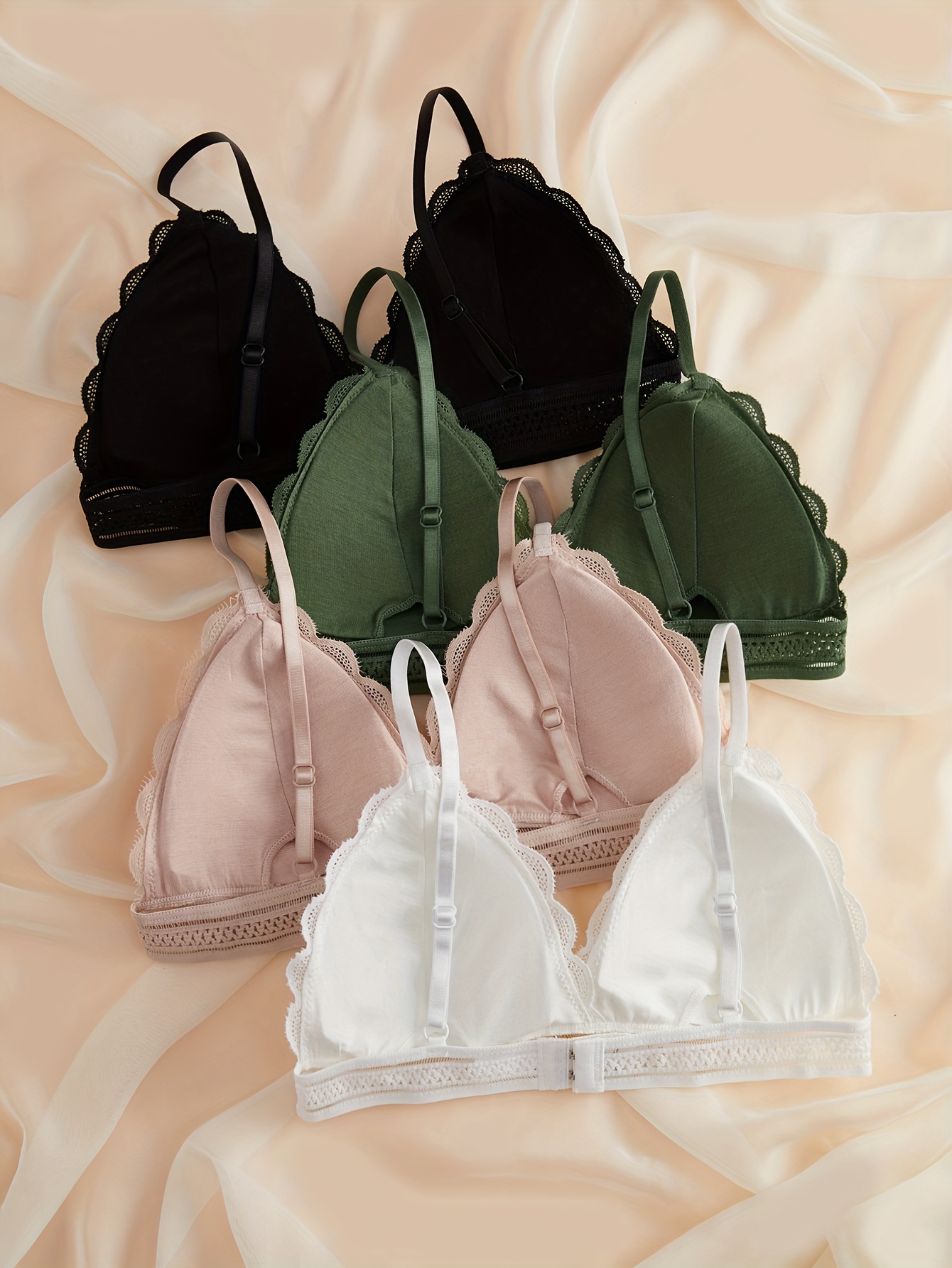 4pcs Contrast Lace Wireless Bras, Comfy & Elegant Scallop Trim Bra, Women's  Lingerie & Underwear