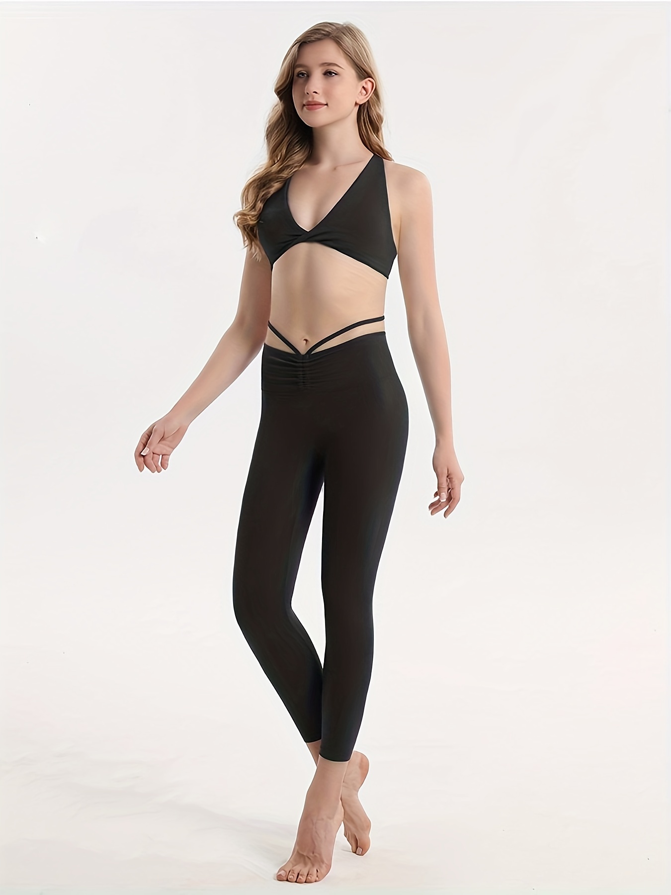 Black Activewear/Yoga Stirrup Leggings With Foot Straps, Women's