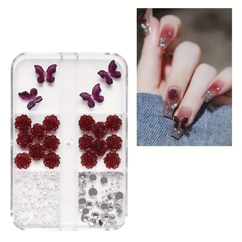 Flower Nail Charms With Silver White Pearls Beads Gems - Temu