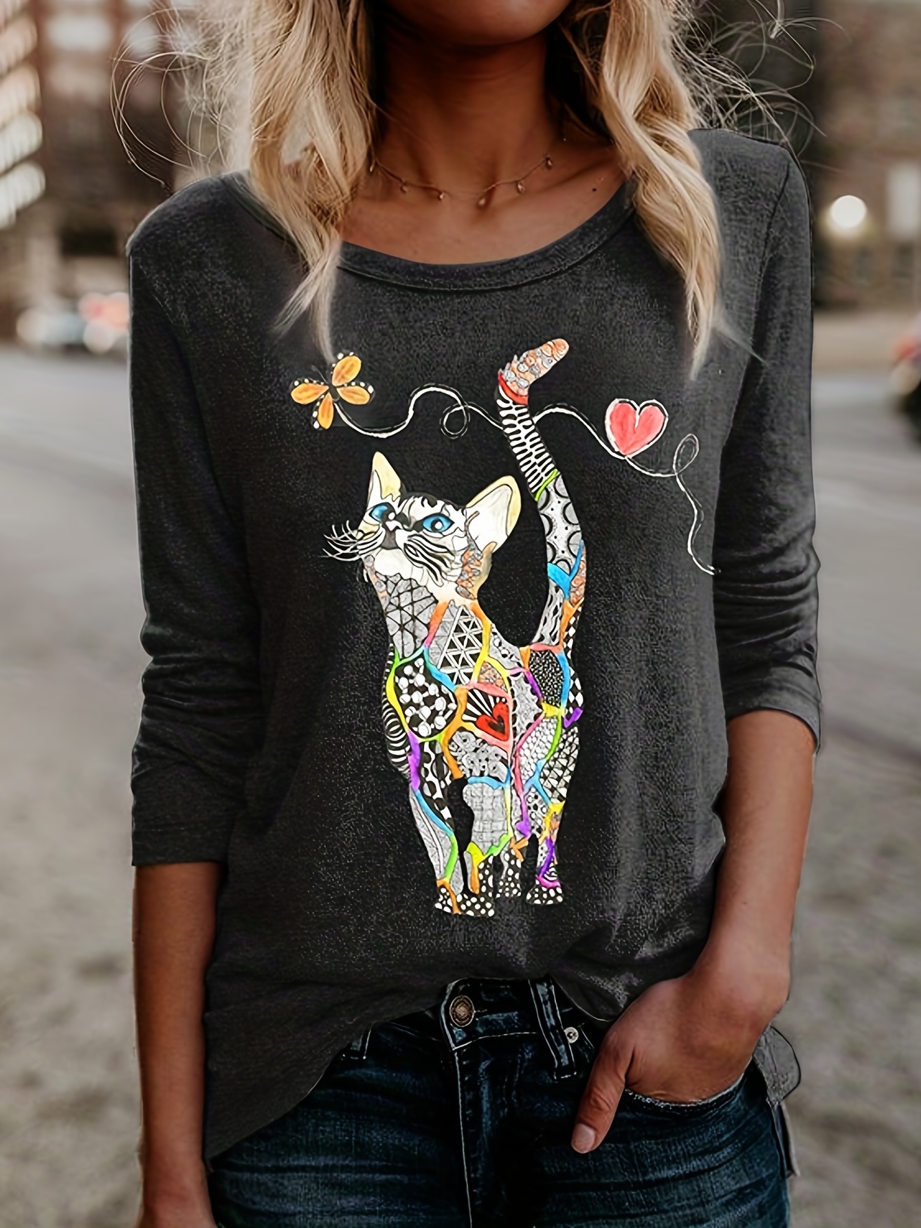 cat print crew neck t shirt casual long sleeve t shirt for spring fall womens clothing black 0