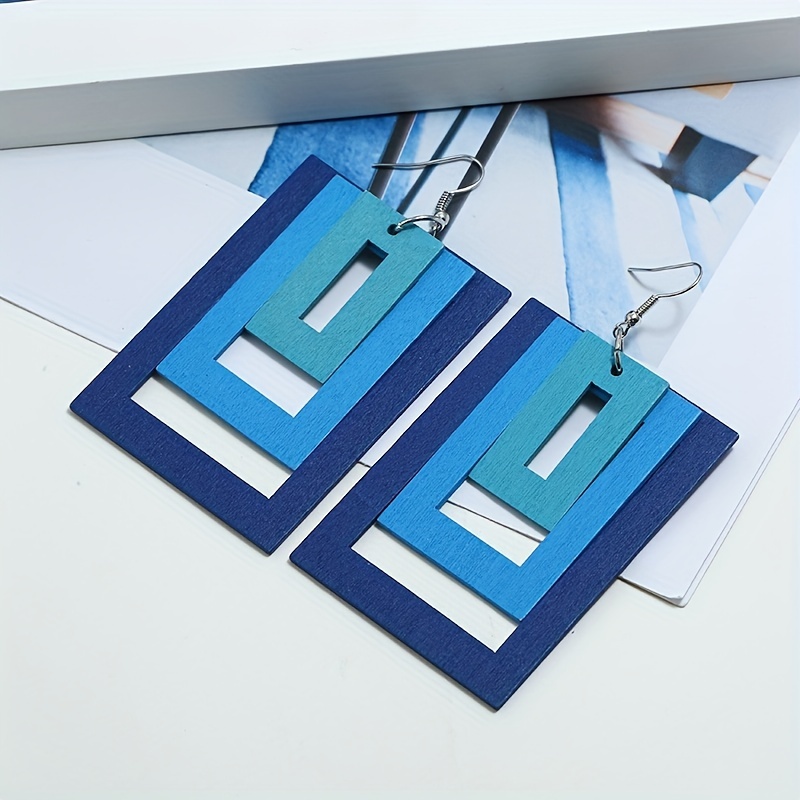 Wooden Geometric Square Gradient Earrings Vacation Sexy Style