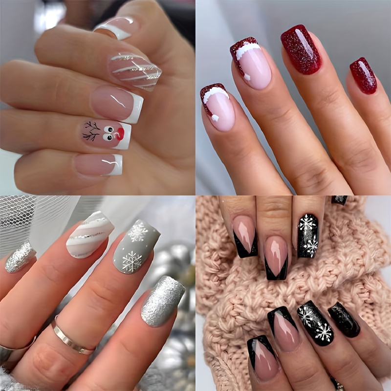 Glossy Medium Square Press On Nails Snowflake Stripe And - Temu