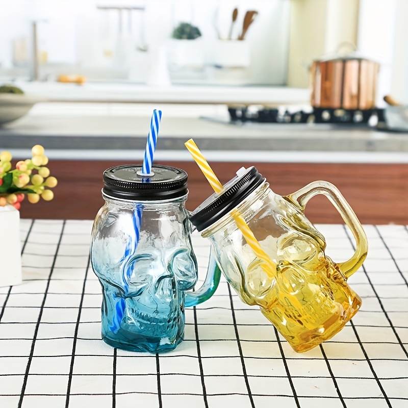 Skull Punk Style Glass Mason Jar With Handles Lid And Straw - Temu