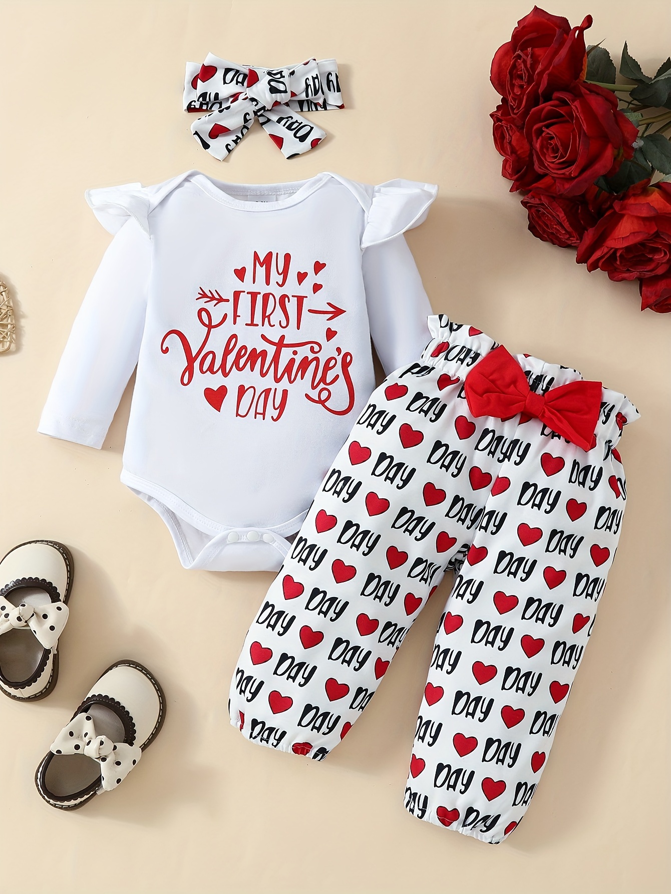 Conjunto de ropa para bebé recién nacido, mi primer día de San Valentín,  manga larga, mameluco, pantalones de amor con volantes, diadema, sombrero,  4