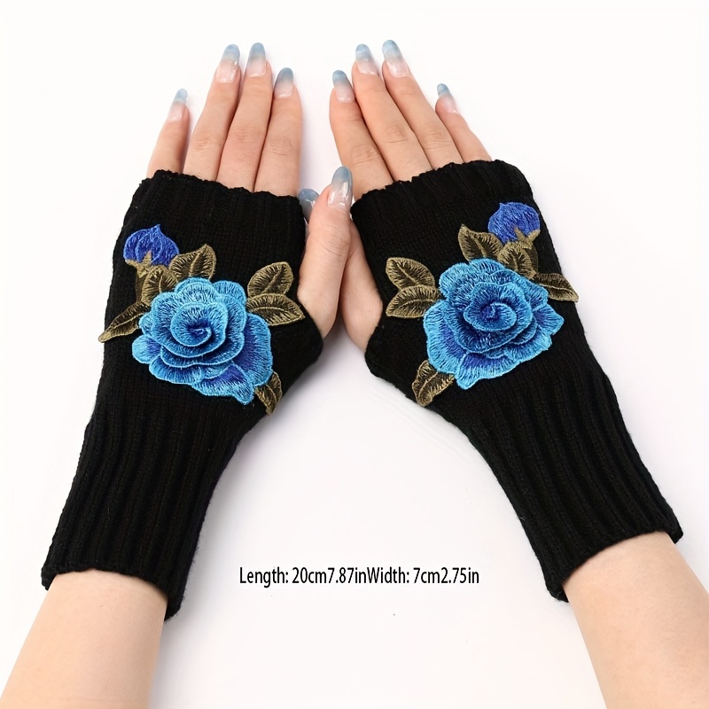 Stylish Flower Embroidered Gloves Short Warm Half Finger - Temu