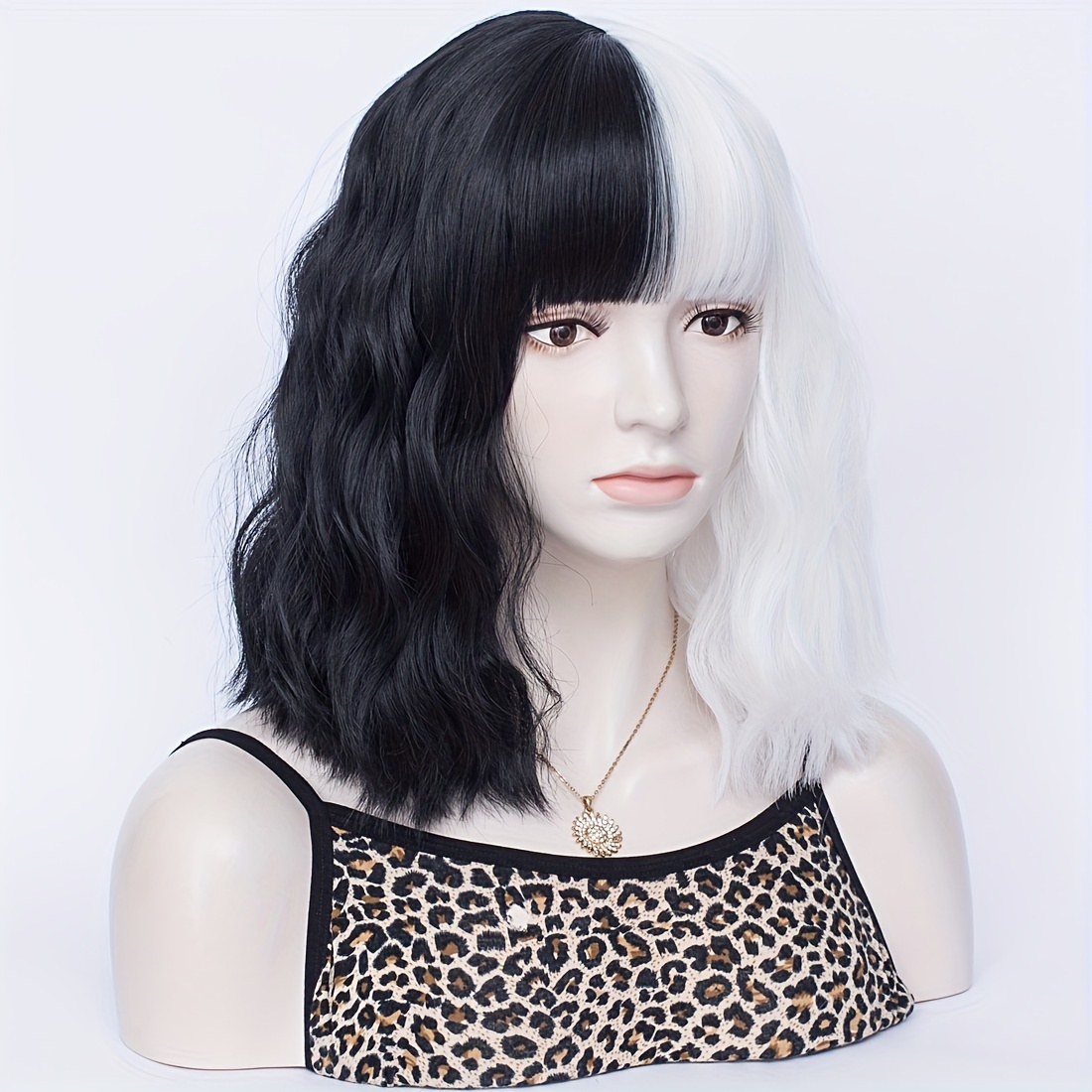 Two Tone Short Curly Wig with Bangs - Shoulder Length Synthetic Split Wig