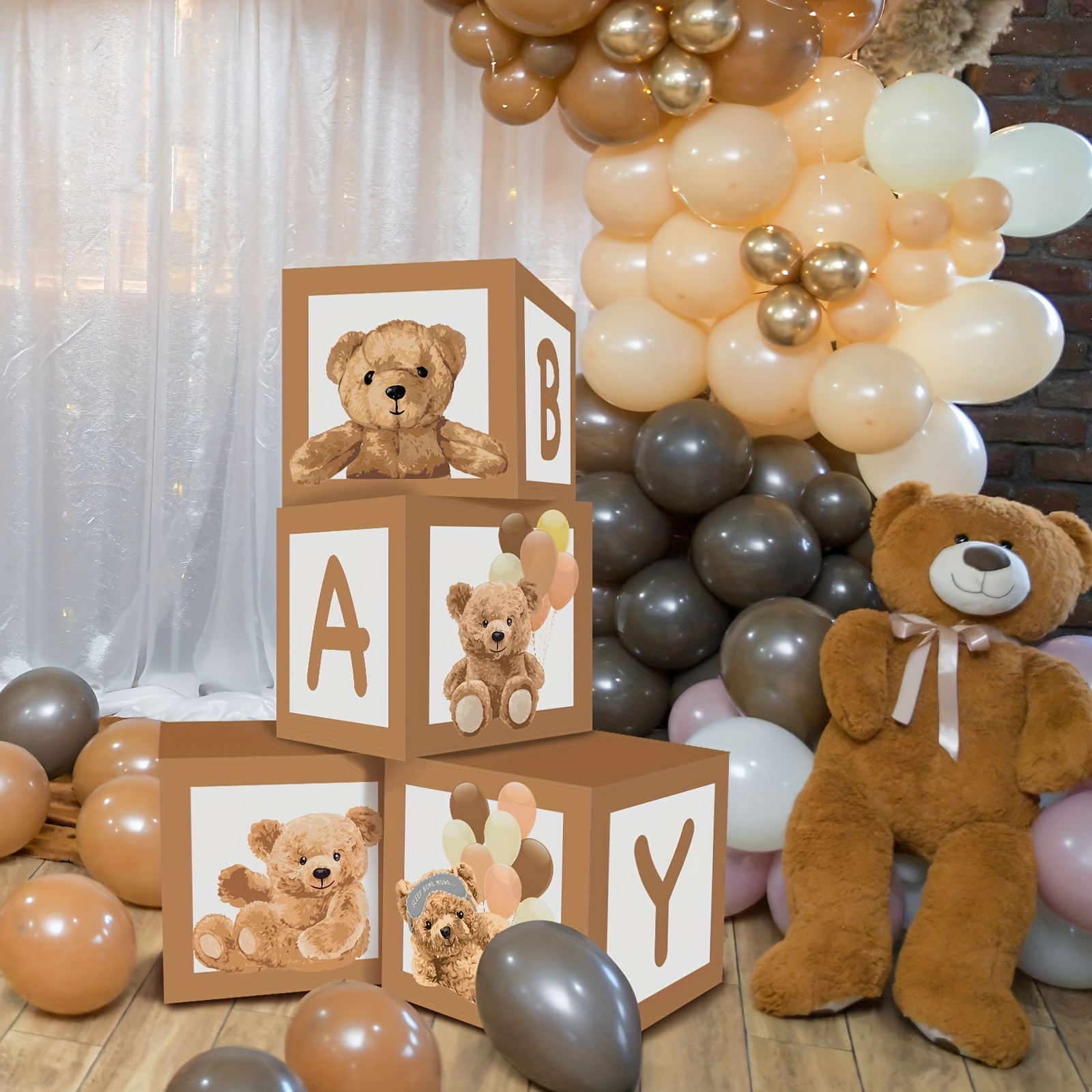  Cajas de baby shower para decoraciones de fiesta de cumpleaños,  4 bloques de madera de grano marrón con letras de bebé, letras impresas,  decoración de centro de mesa de primer cumpleaños