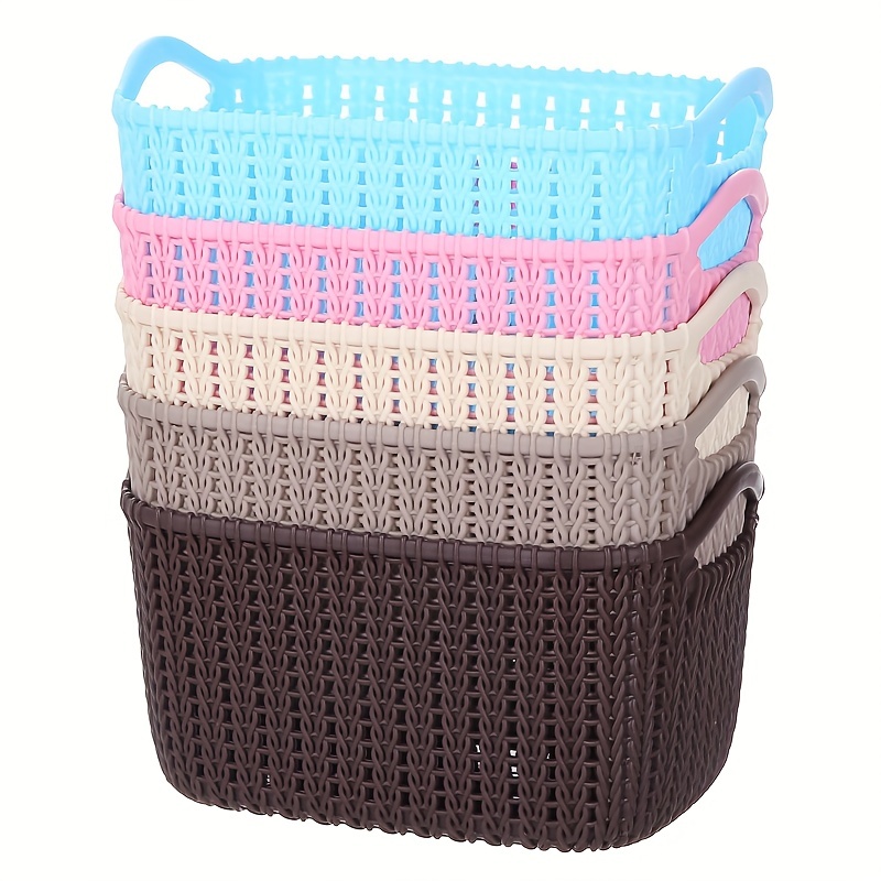 Set of 2 Plastic Woven Storage Basket Box Portable Bathroom