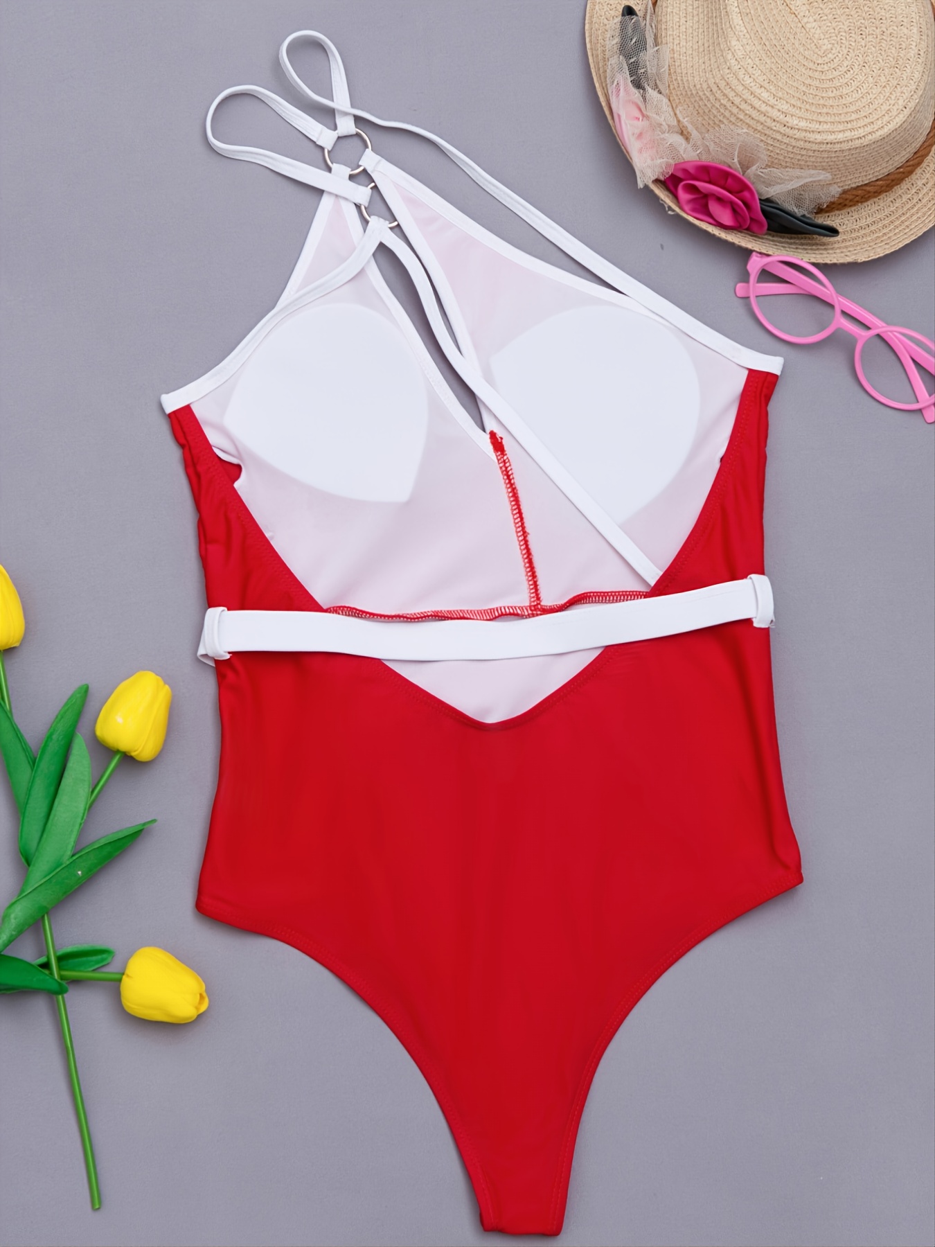 Red one piece on sale swimsuit with white piping