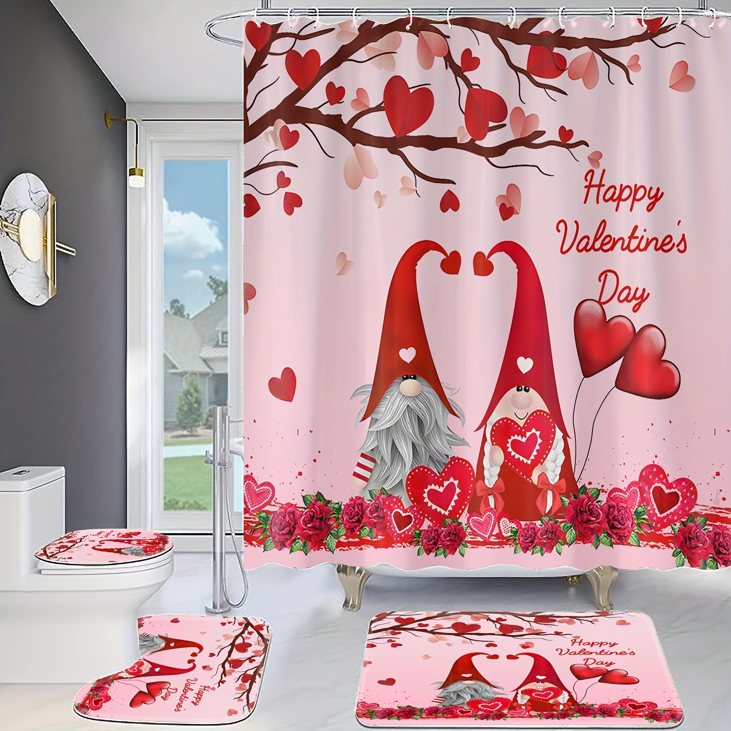 Rose Shower Curtain Red Waterproof Decoration Plastic Hooks - Temu