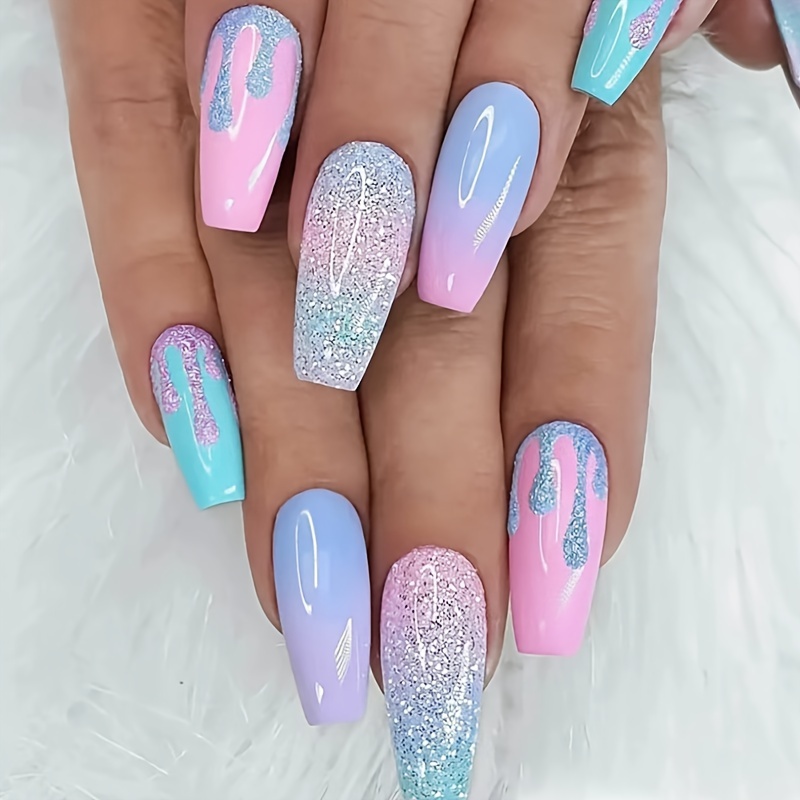 

24pcs Y2k Style Pinkish And Blue Gradient Press On Nails, Glitter Medium Ballet Fake Nails, Sweet Cool Style False Nails, Glossy Acrylic Nails For Women Girls
