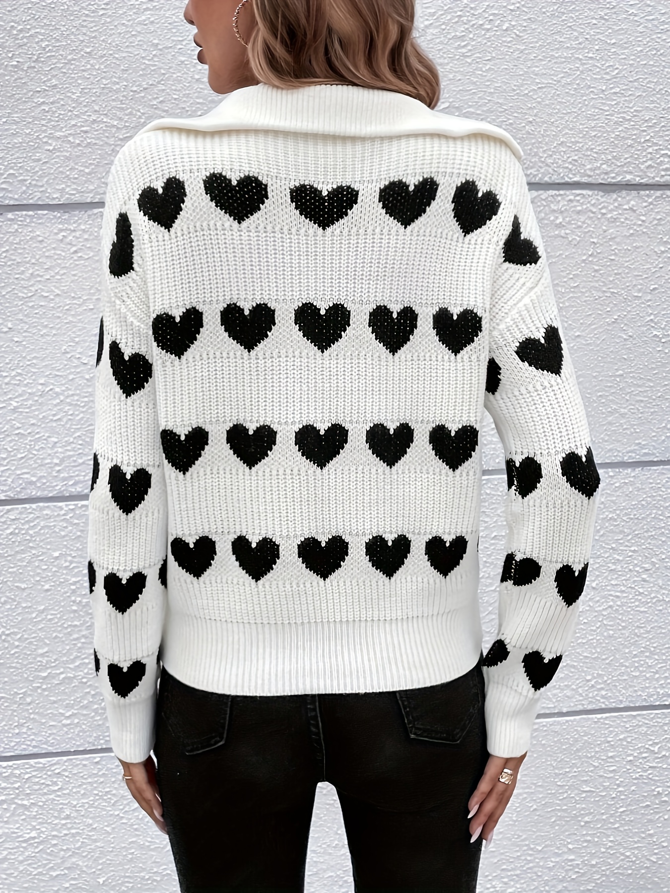Heart Pattern Half Zip Sweater Casual Long Sleeve Drop - Temu Canada