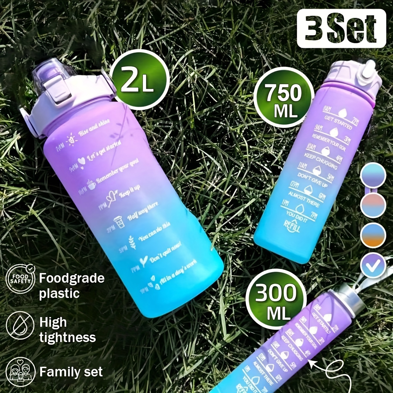 Time Marked Sports Water Bottle With Leak Proof Straw, Reusable Plastic  Drinkware Set For Gym And School (large+medium+small)