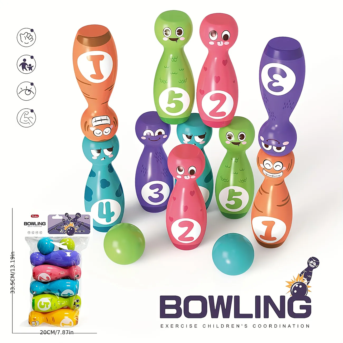Interactive Bowling Game Set For Kids, Developing Gross and Fine Motor Skills, Color Recognition And Hand-eye Coordination