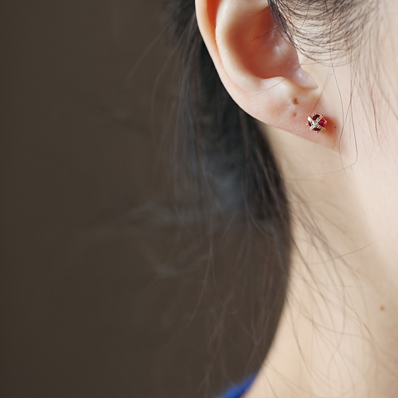 925 Silver Crown Cross Earrings Red Engagement Gift