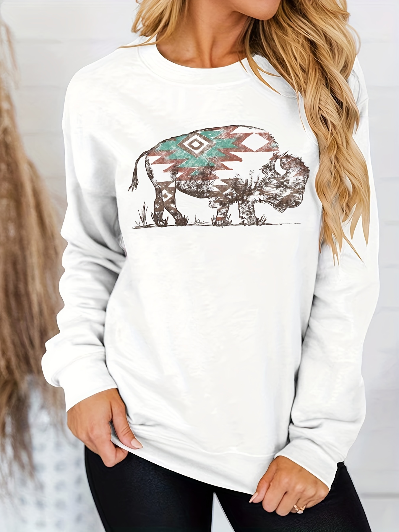 Buffalo Print Sweatshirt Casual Long Sleeve Crew Neck - Temu