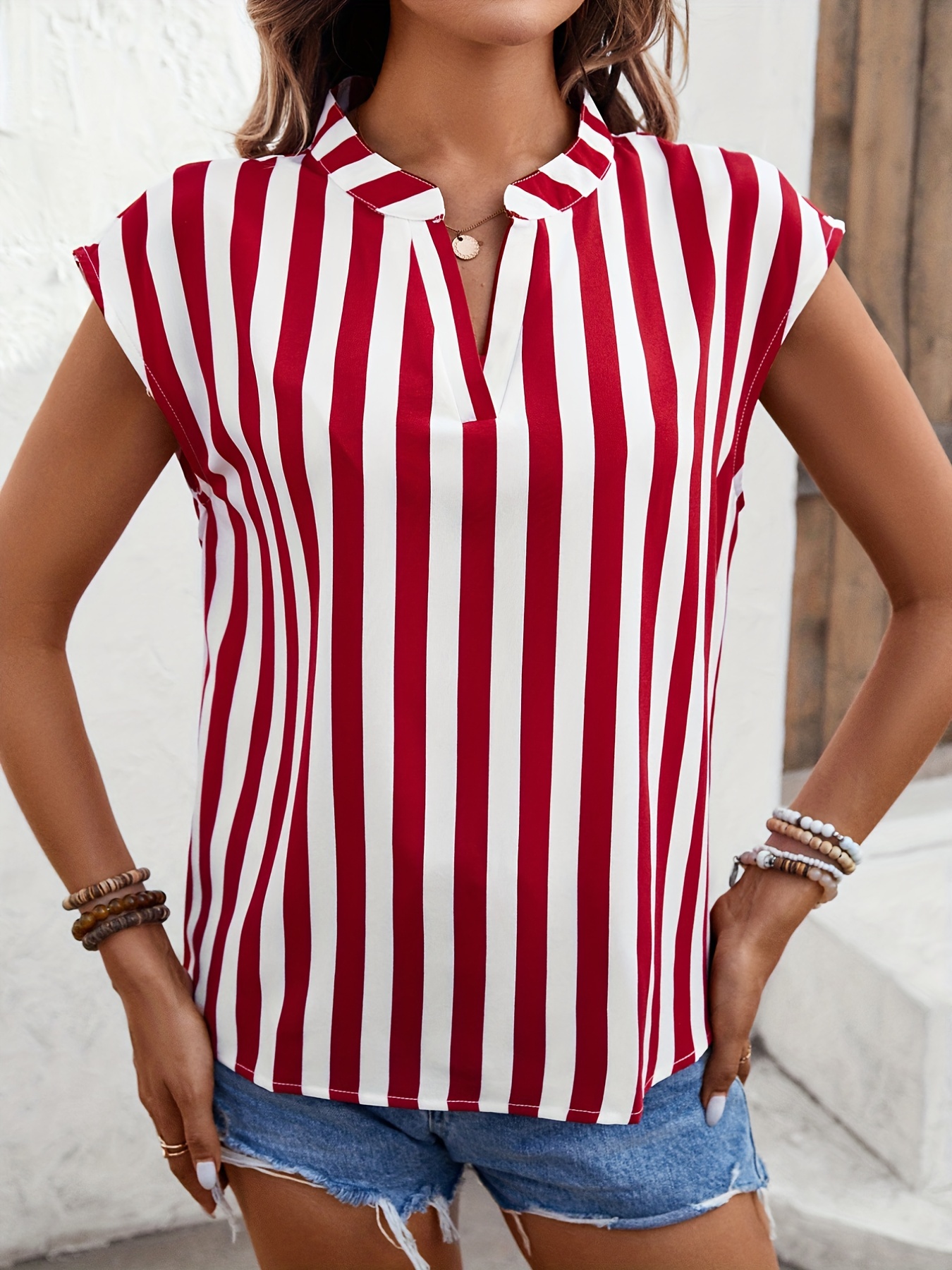 Women Blouses Women White V Neck Tshirt Striped Red and White