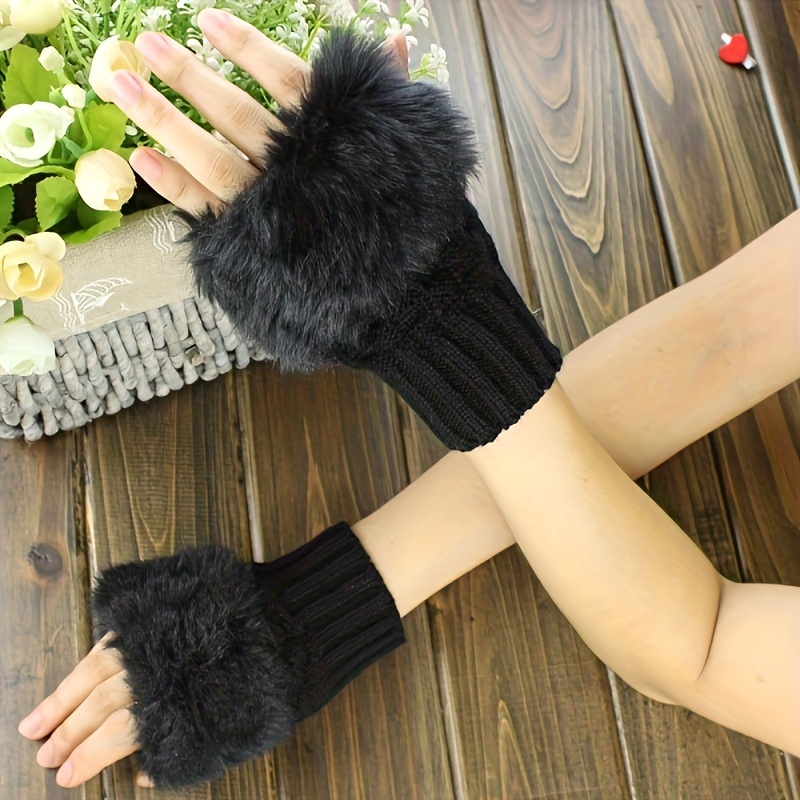 Thickened Velvet Lined Knit Gloves Short Solid Color Plush Cuff Fingerless  Gloves With Thumb Hole Autumn Winter Elastic Coldproof Writing Gloves - Temu