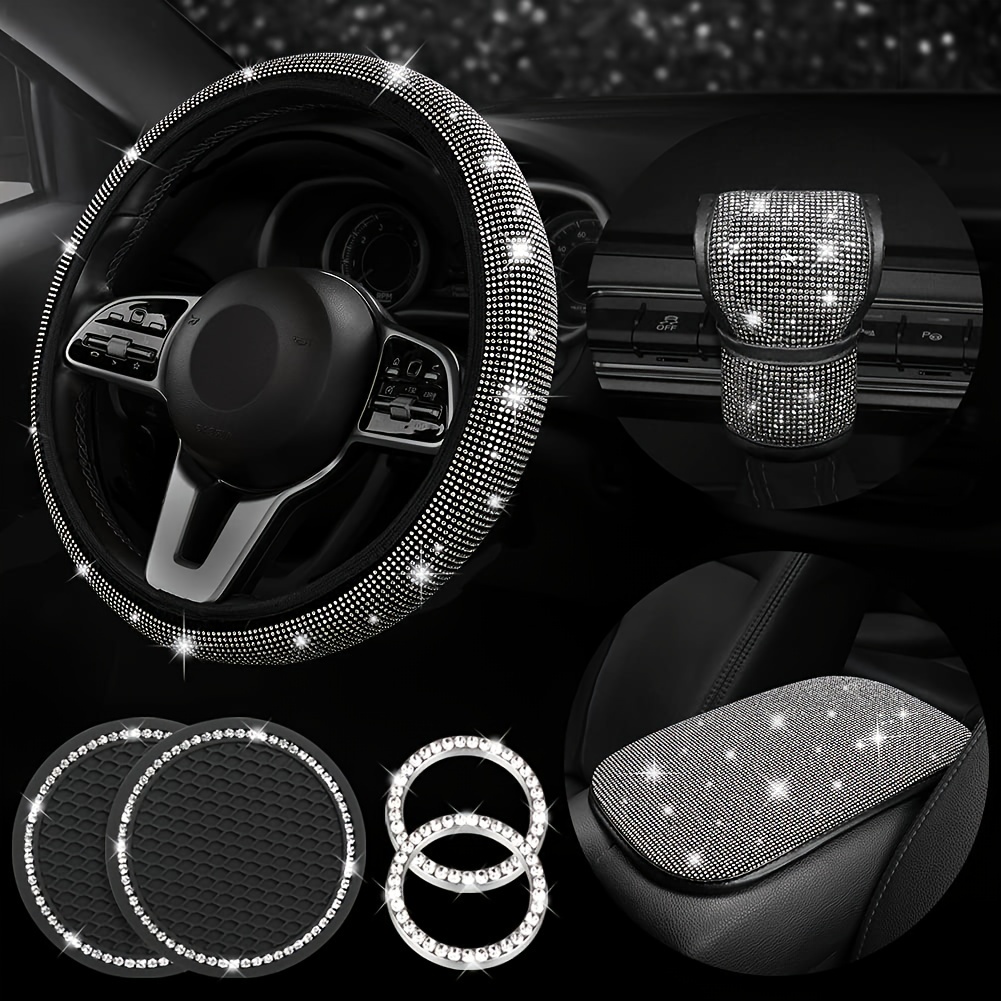 Car Decoration Kit, White Artificial Diamond Car Steering Wheel Cover, Center  Console Cover Pad, Gear Shift Cover, Ignition Ring, Car Coaster Temu