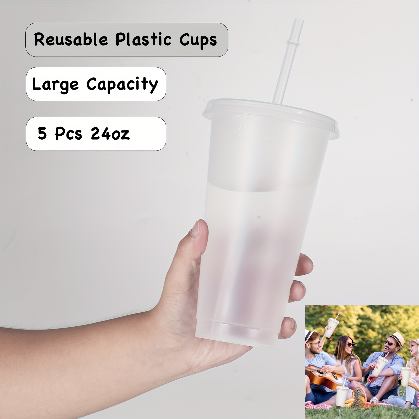 Reusable Plastic Tumblers with Lids & Straws - 9 Pcs 24oz Large