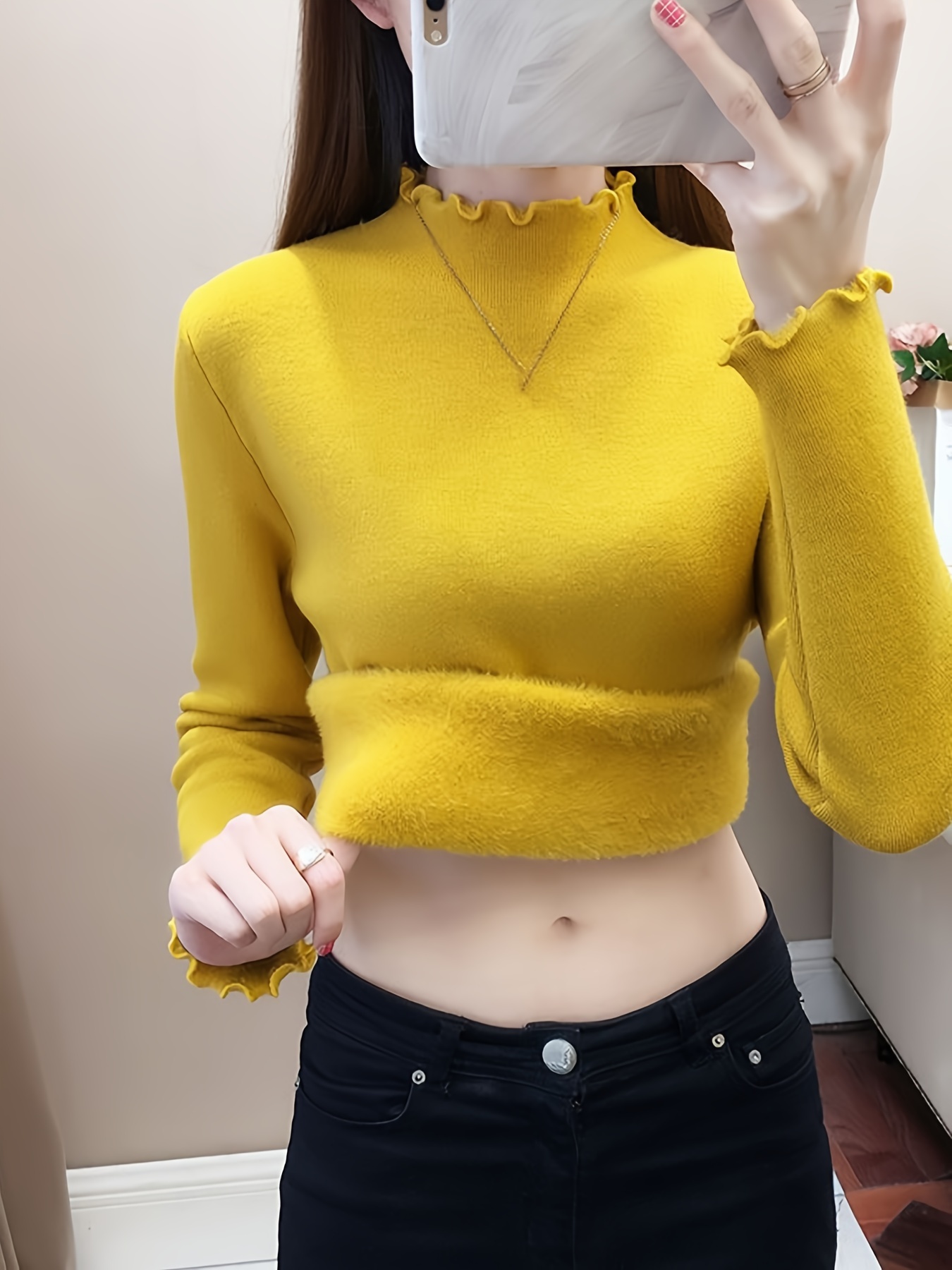 Maido - Lettuce Edge Mock Neck Knit Top