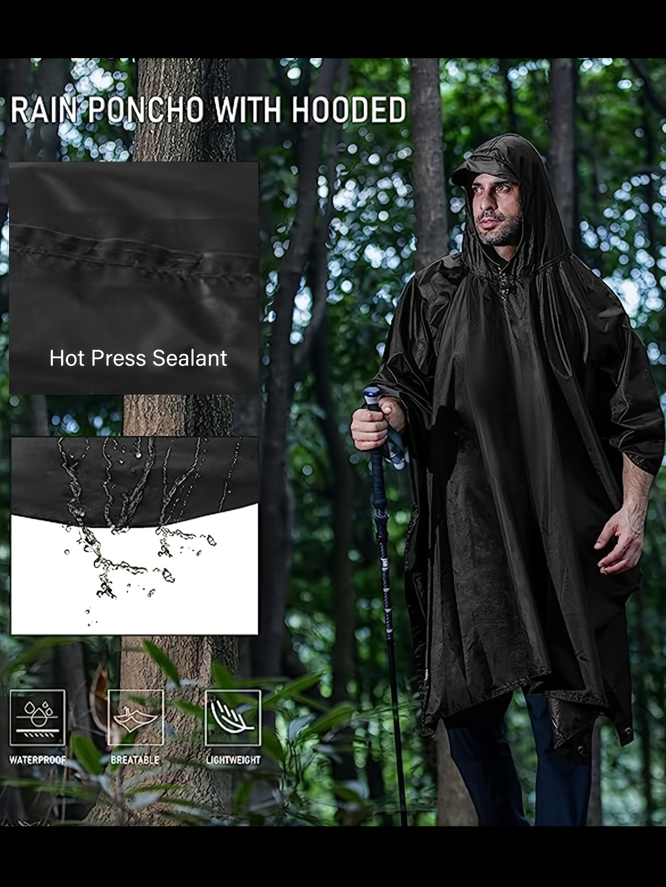 Rodeel Mens Waterproof Long Raincoat Hooded Rain Jacket Poncho with Pocket  for Hiking Camping Outdoor Activities