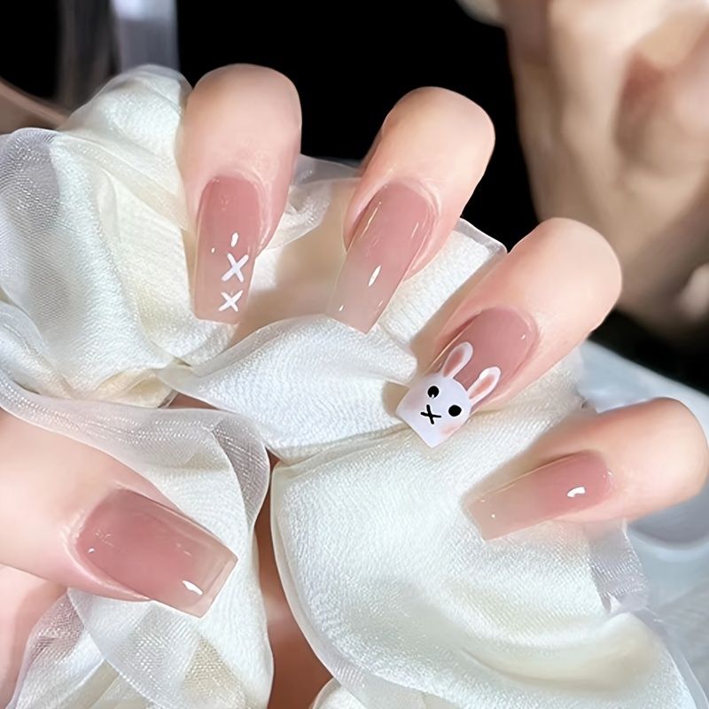 Gradient Pink Press On Nails Medium Square French False Nails With Cute  Rabbit Pattern Design Reusable Glossy Fake Nails For Women | Free Shipping  For New Users | Temu