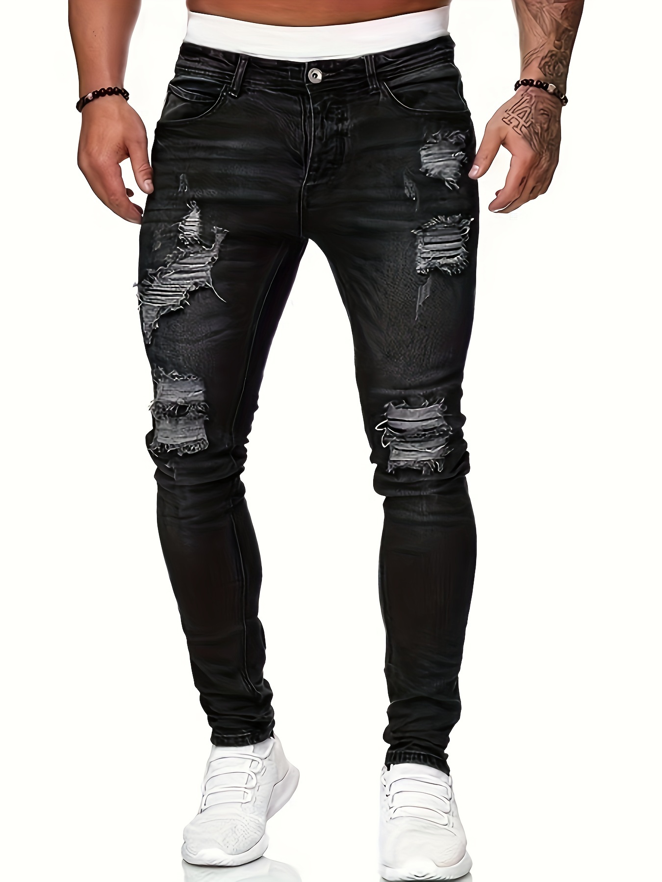 Slim Fit Ripped Jeans, Men's Casual Street Style Mid Stretch Black Pants  For Spring Summer