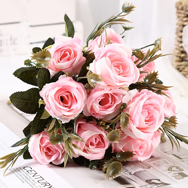 Flores artificiales de seda para decoración del hogar, ramo de ramas largas  de rosas para boda, plantas falsas, suministros de corona DIY, accesorios,  5 piezas