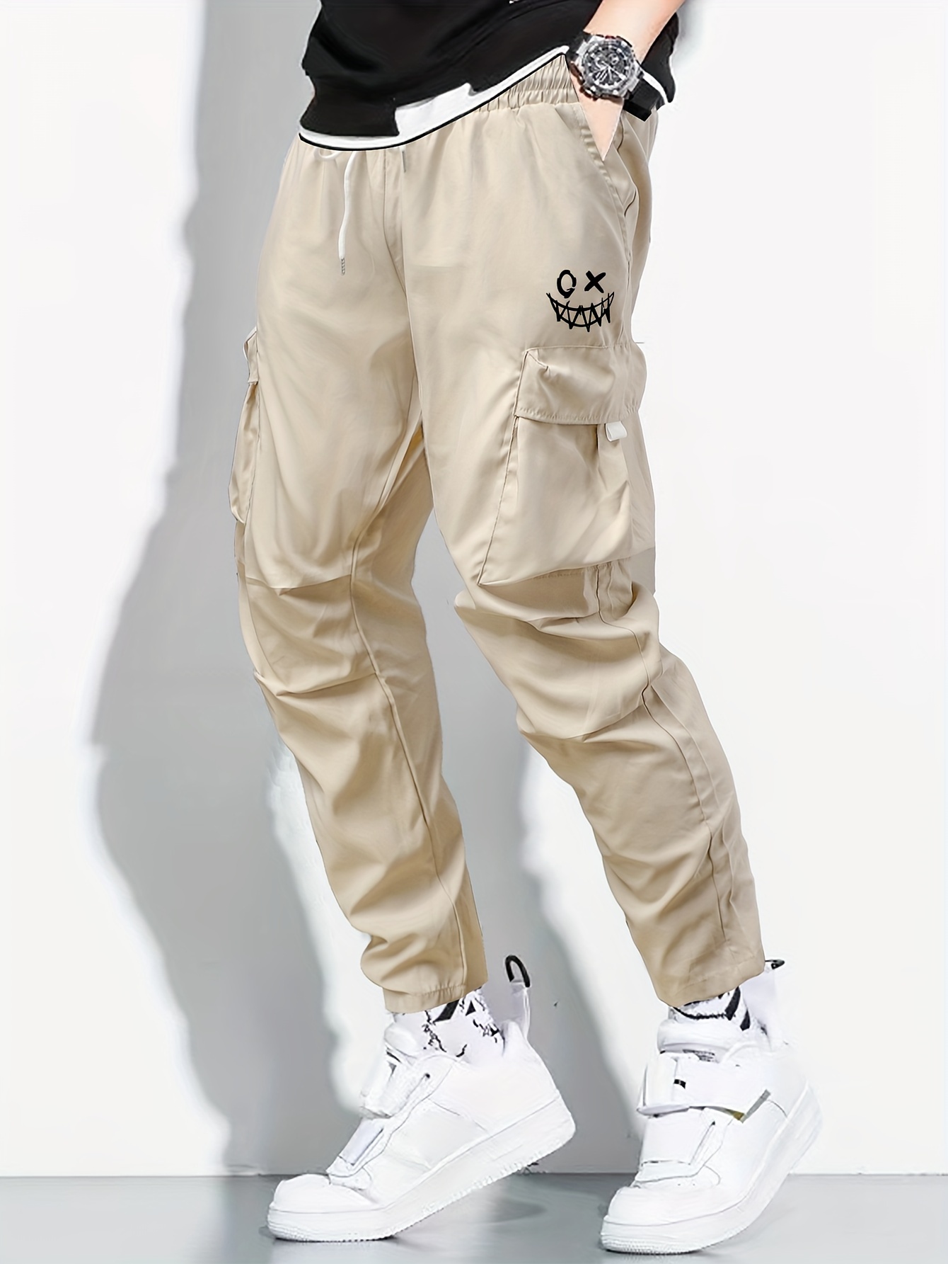 Solid Color Straight Cargo Pants Waist Drawstring Flap - Temu Italy