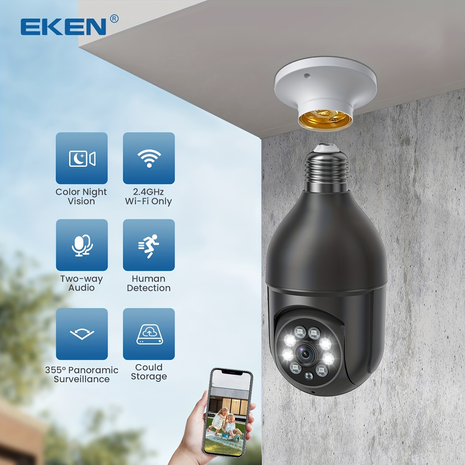 Eken Light Bulb Security Camera Home Camera 355 Degree - Temu