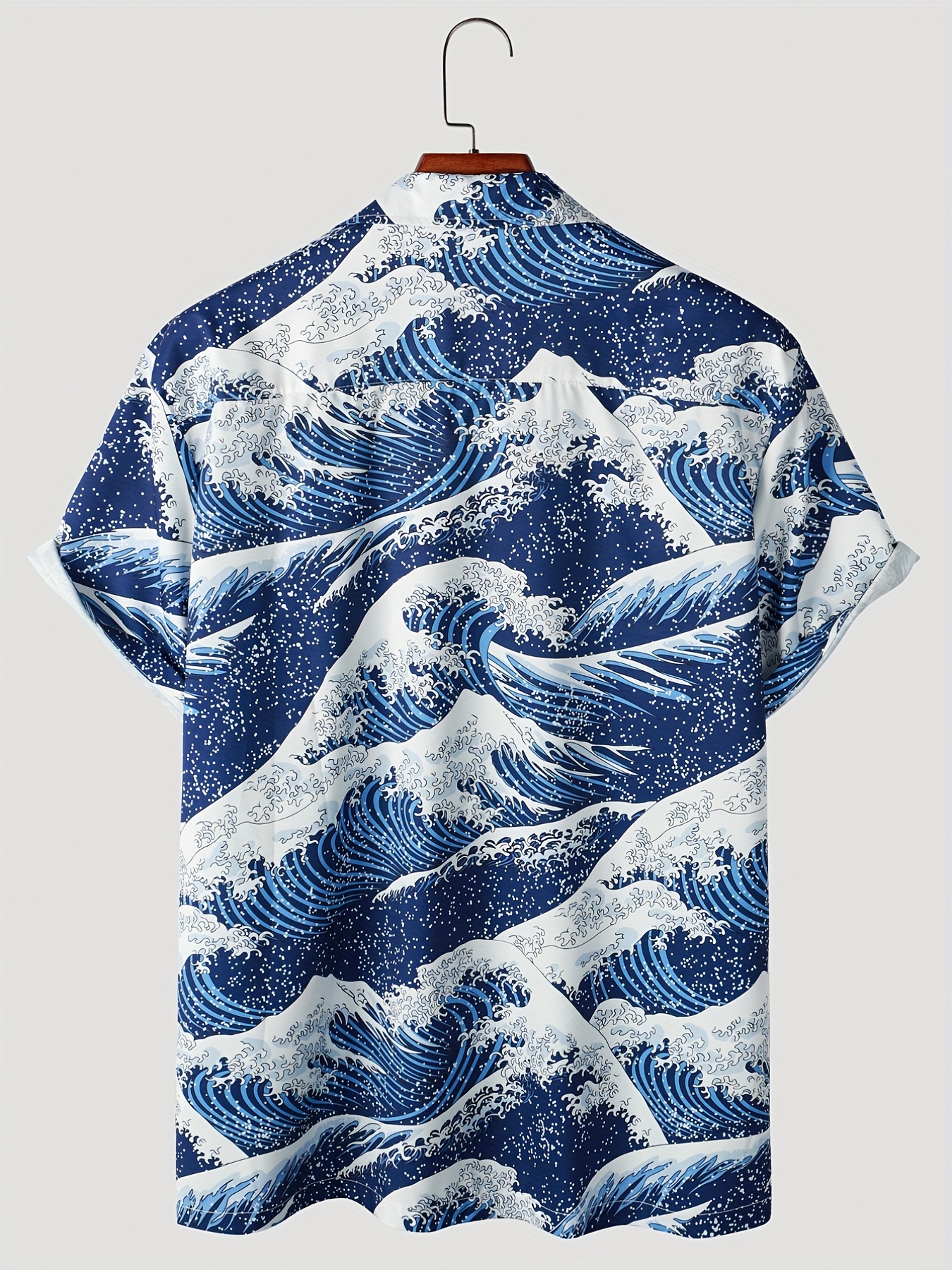 Sea Waves Full Pattern, Men's Outfits, Revere Collar Short Sleeve
