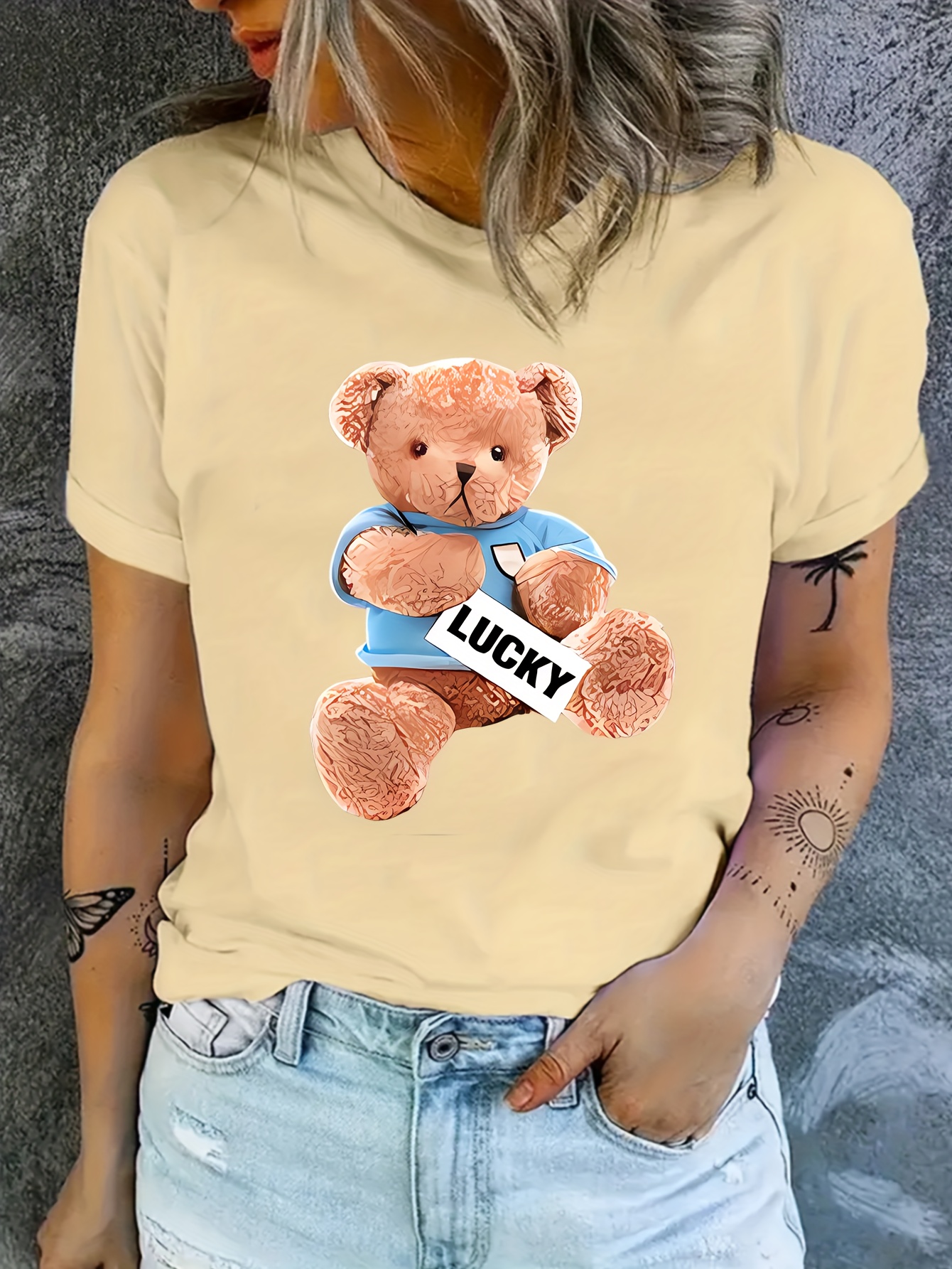 Lucky Bear Print Summer T shirt Cute Short Sleeve Crew Neck - Temu