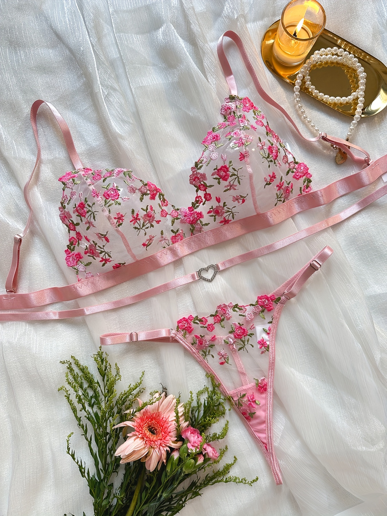 Floral Embroidery Bra, Suspender And Thong Set