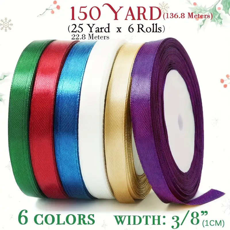 150 Yards Christmas Ribbon for Gift Wrapping, 3/8Wide Holiday Satin Ribbon for Crafts, Fabric Christmas Wrapping Ribbon for Decorating Ornaments