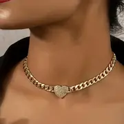 golden hip hop style chunky chain love heart charm choker inlaid rhinestones unisex neck jewelry party favors details 1