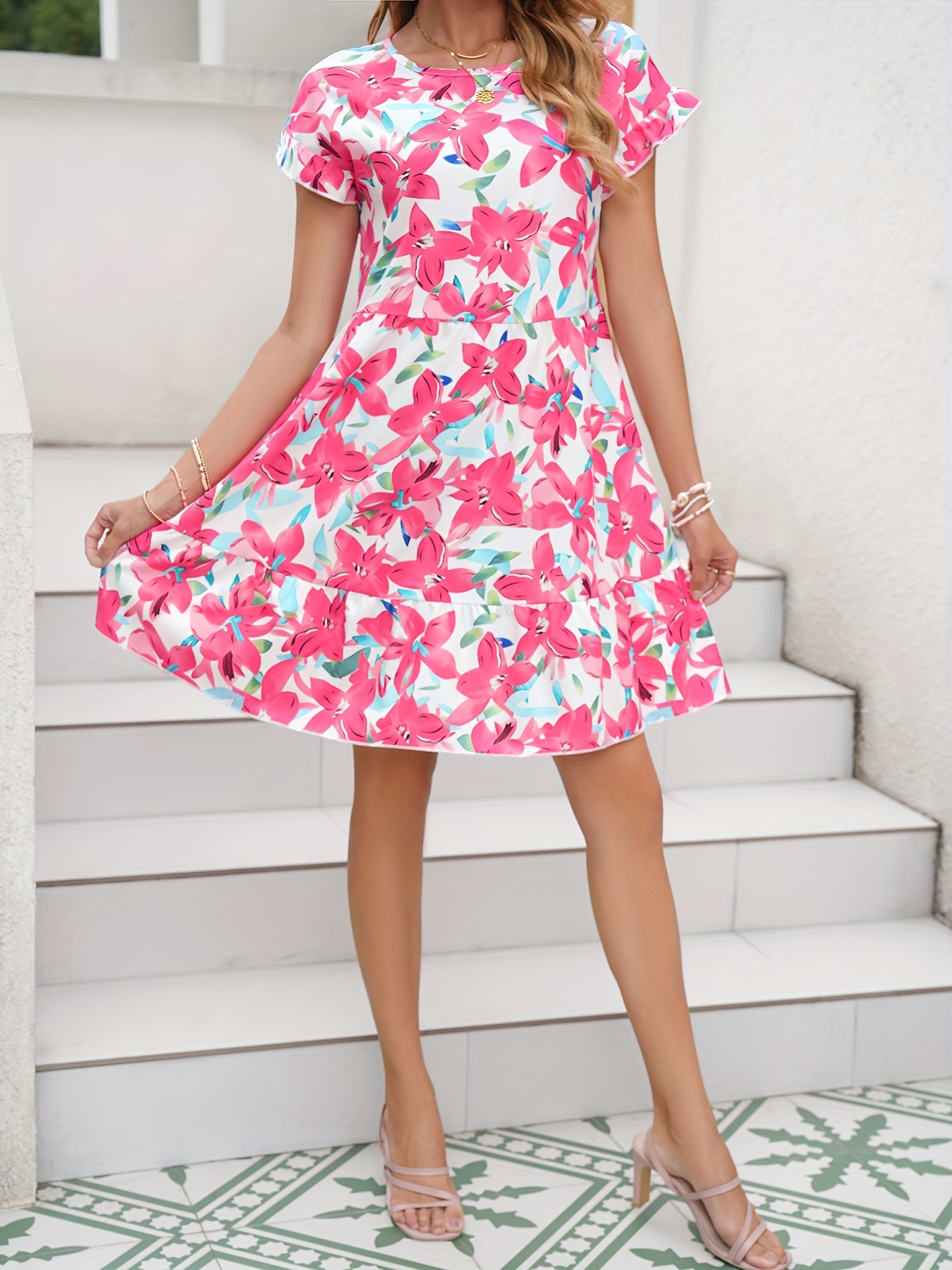 플로럴 프린트 크루 넥 러플 헴 드레스, 봄과 여름을 위한 캐주얼 반팔 드레스, 여성 의류